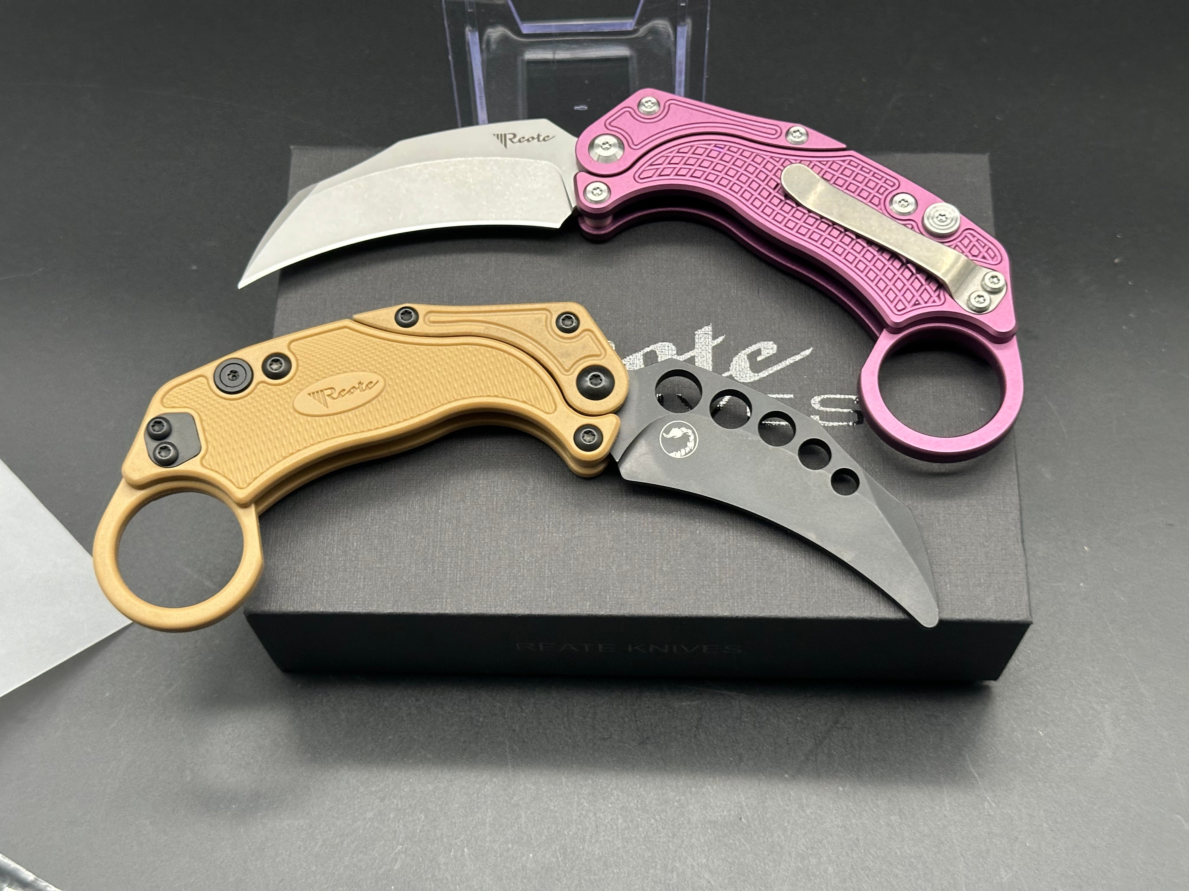REATE EXO-K V3 BUTTON LOCK FOLDING KNIFE PURPLE ALUMINUM HANDLE N690 STONEWASHED BLADE W/TRAINER