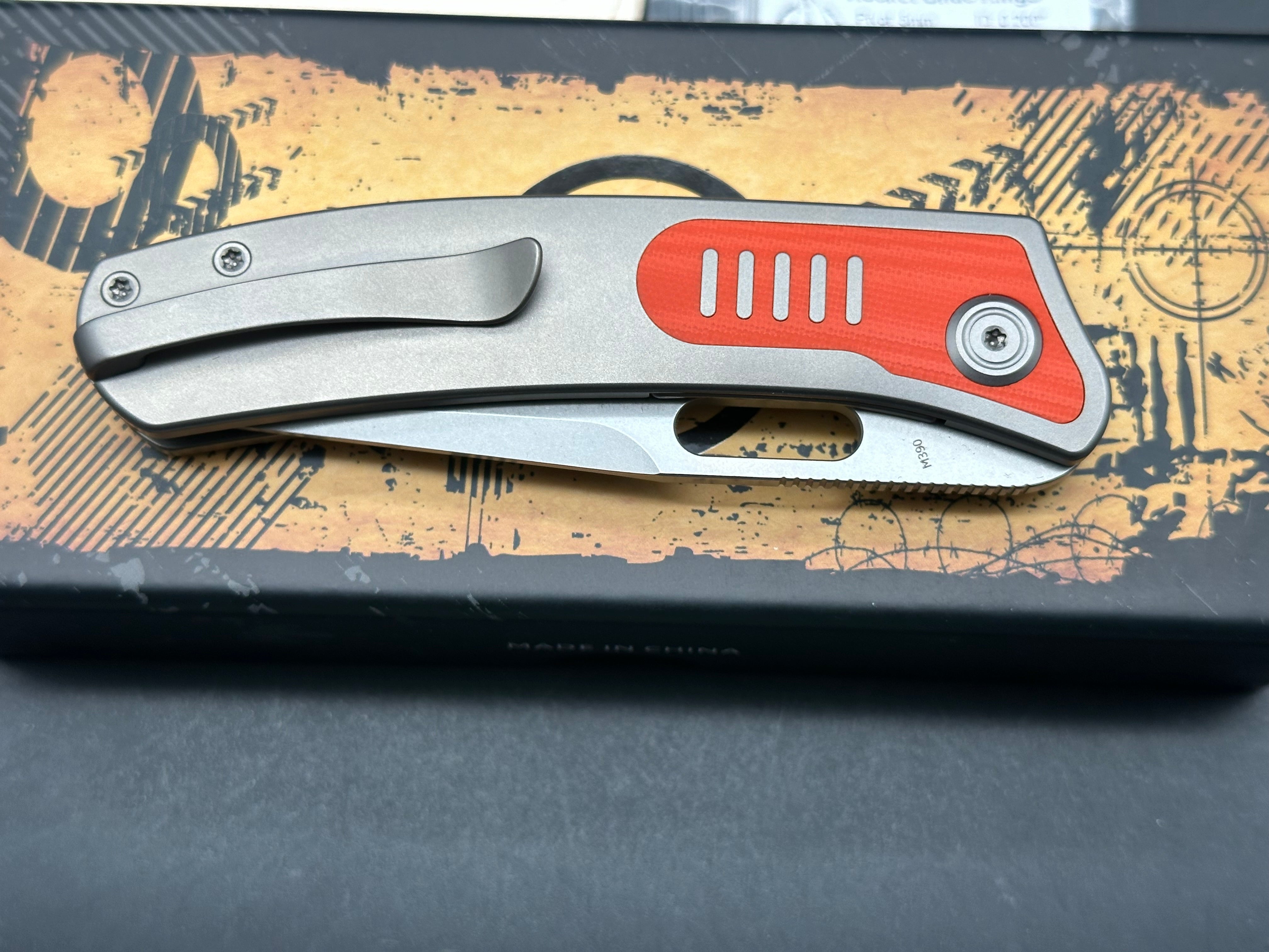 Kubey KB377A Common Thread, 3.35" M390 Stonewashed Blade with Orange G10 Inlay Titanium Handle