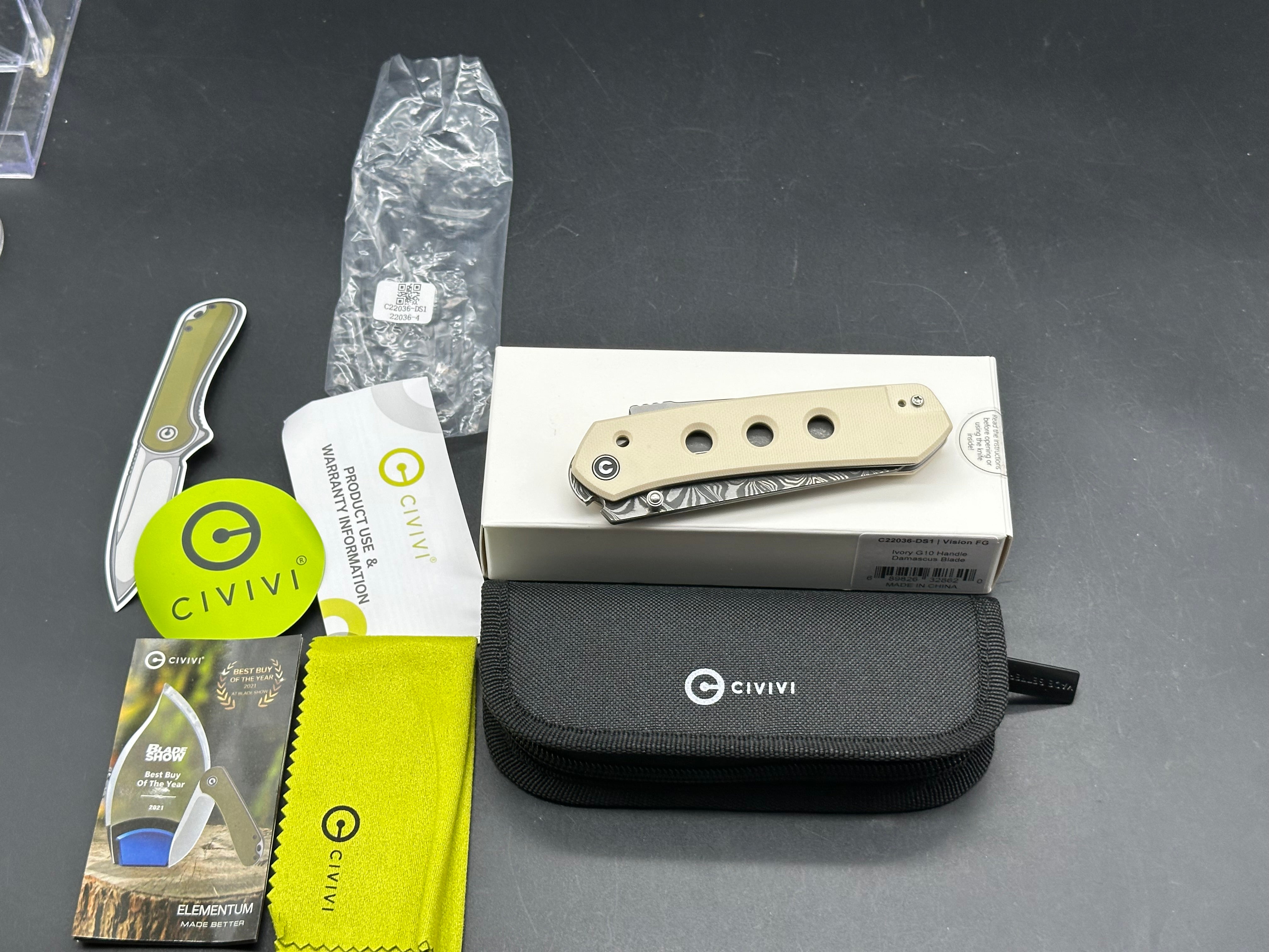 CIVIVI VISION FG FOLDING KNIFE WHITE G10 HANDLE DAMASCUS REVERSE TANTO PLAIN EDGE