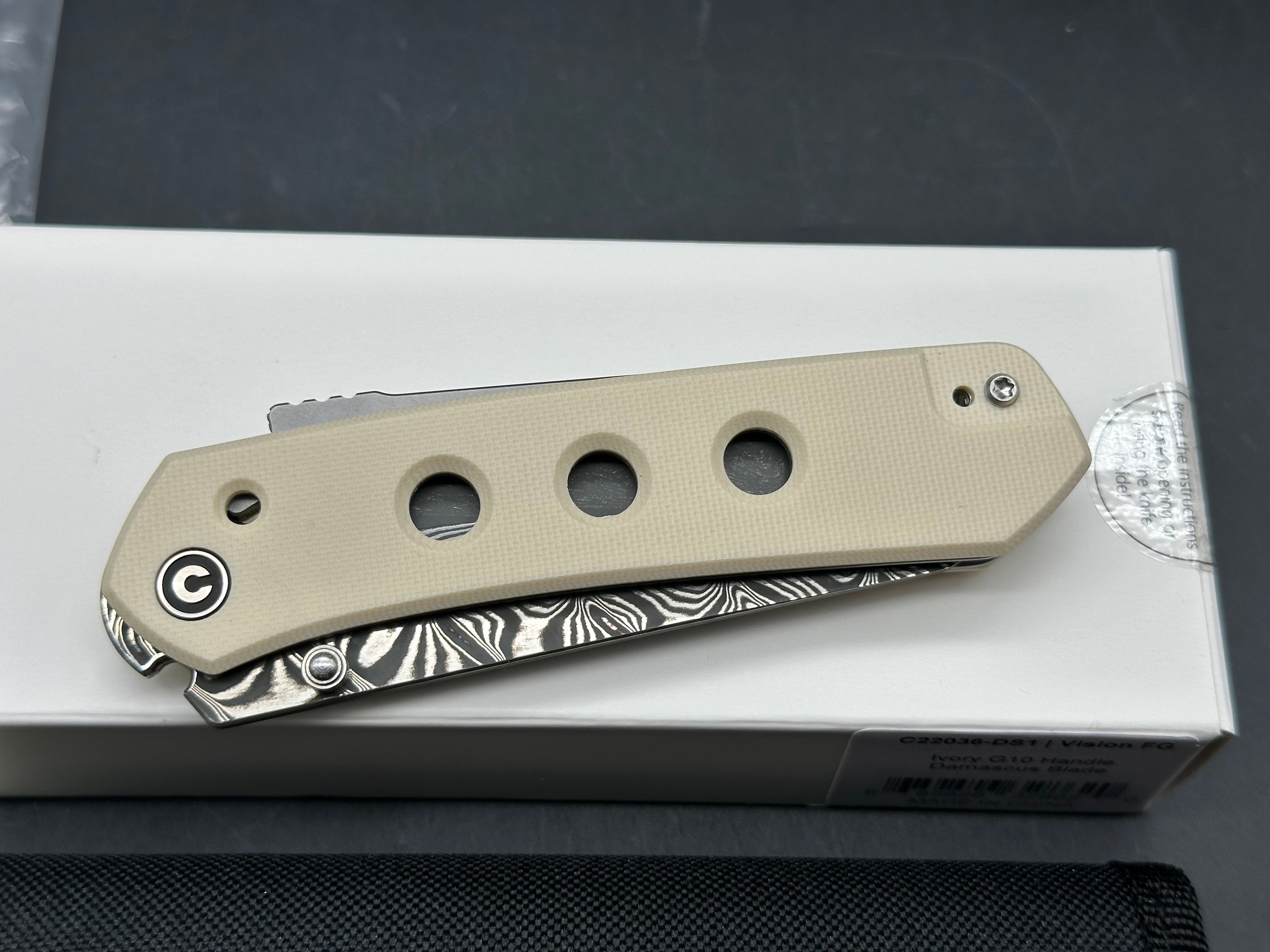 CIVIVI VISION FG FOLDING KNIFE WHITE G10 HANDLE DAMASCUS REVERSE TANTO PLAIN EDGE