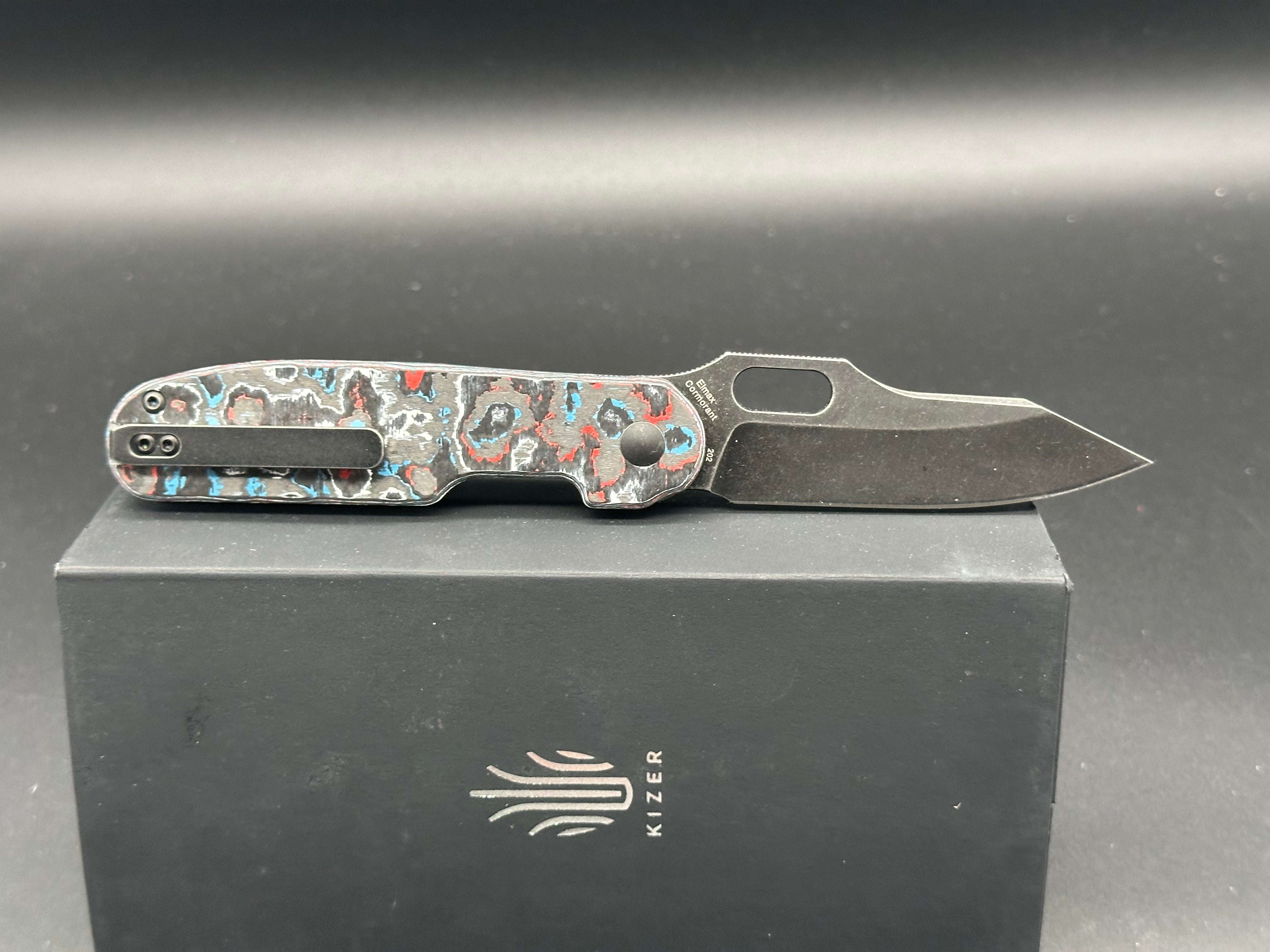 Kizer Cormorant Plunge Lock Knife Blue/Black FatCarbon (3.15" Black ELMAX)