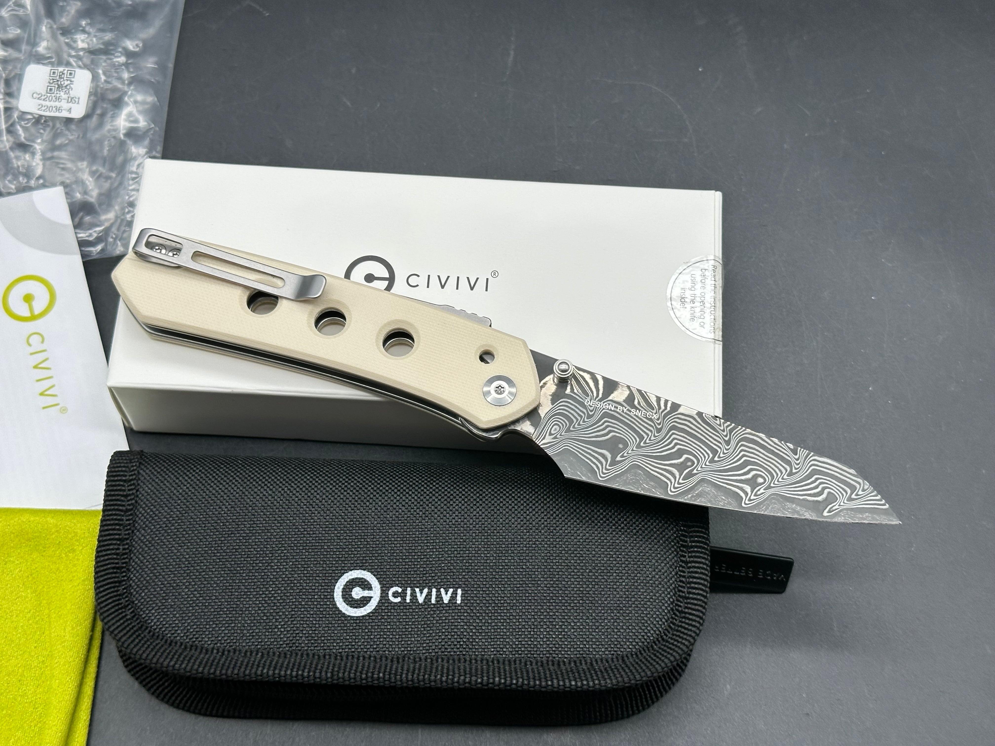 CIVIVI VISION FG FOLDING KNIFE WHITE G10 HANDLE DAMASCUS REVERSE TANTO PLAIN EDGE