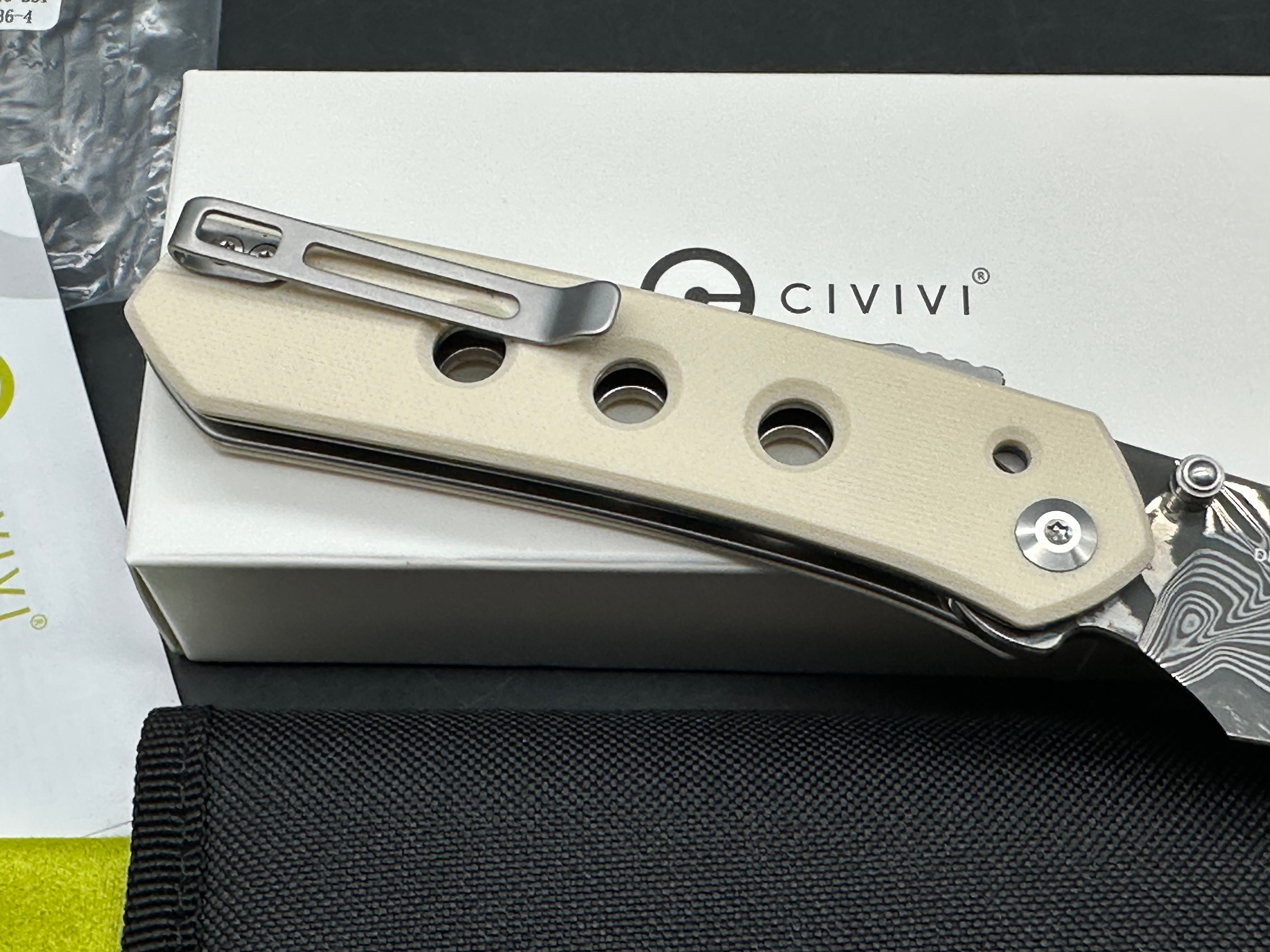 CIVIVI VISION FG FOLDING KNIFE WHITE G10 HANDLE DAMASCUS REVERSE TANTO PLAIN EDGE