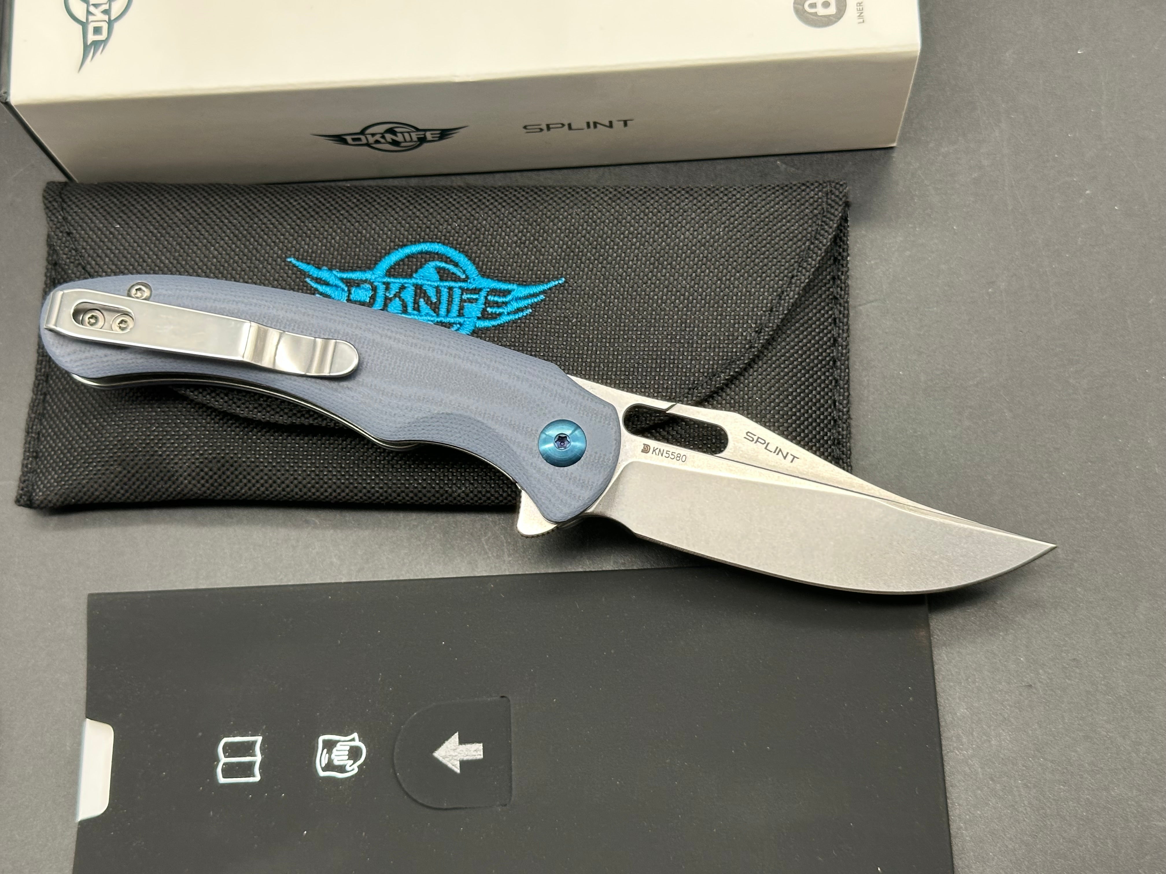 Oknife Splint Flipper Knife 2.97" Stonewashed N690 Clip Point Blade, Gray (Blue) G10 Handles, Liner Lock