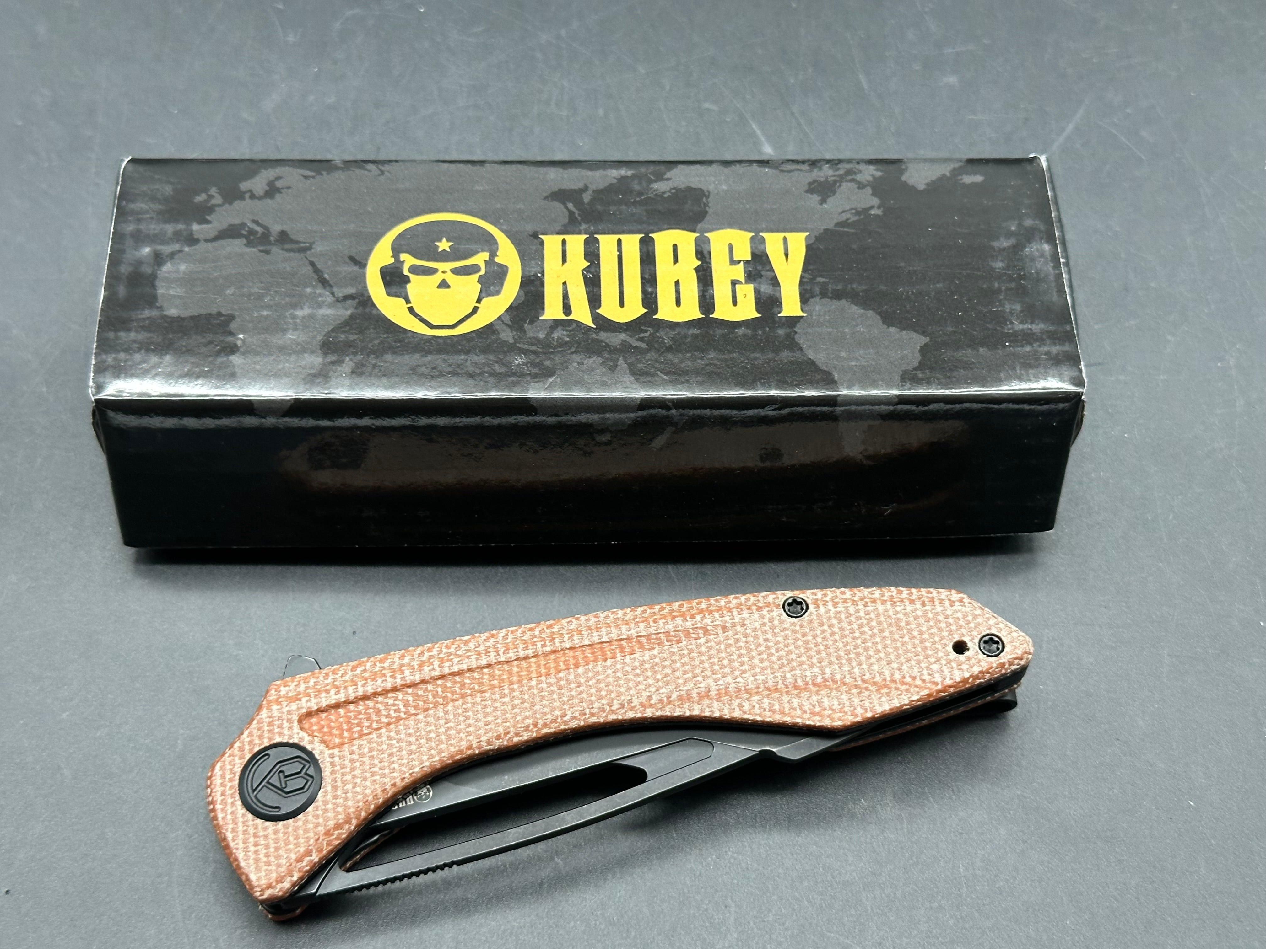 KUBEY MERCED FOLDING KNIFE TAN MICARTA HANDLE AUS-10 DROP POINT PLAIN EDGE BLACKWASH FINISH