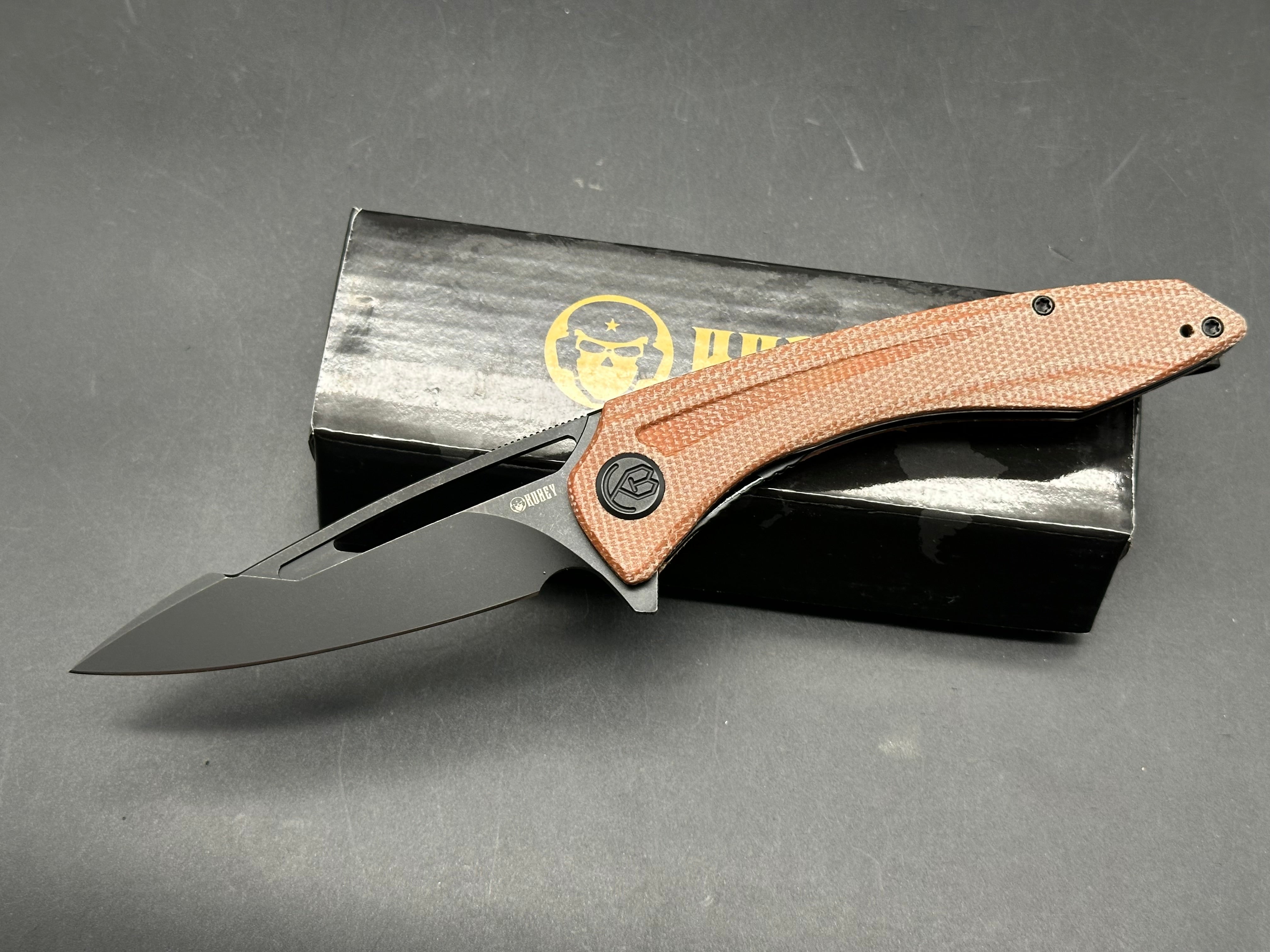 KUBEY MERCED FOLDING KNIFE TAN MICARTA HANDLE AUS-10 DROP POINT PLAIN EDGE BLACKWASH FINISH