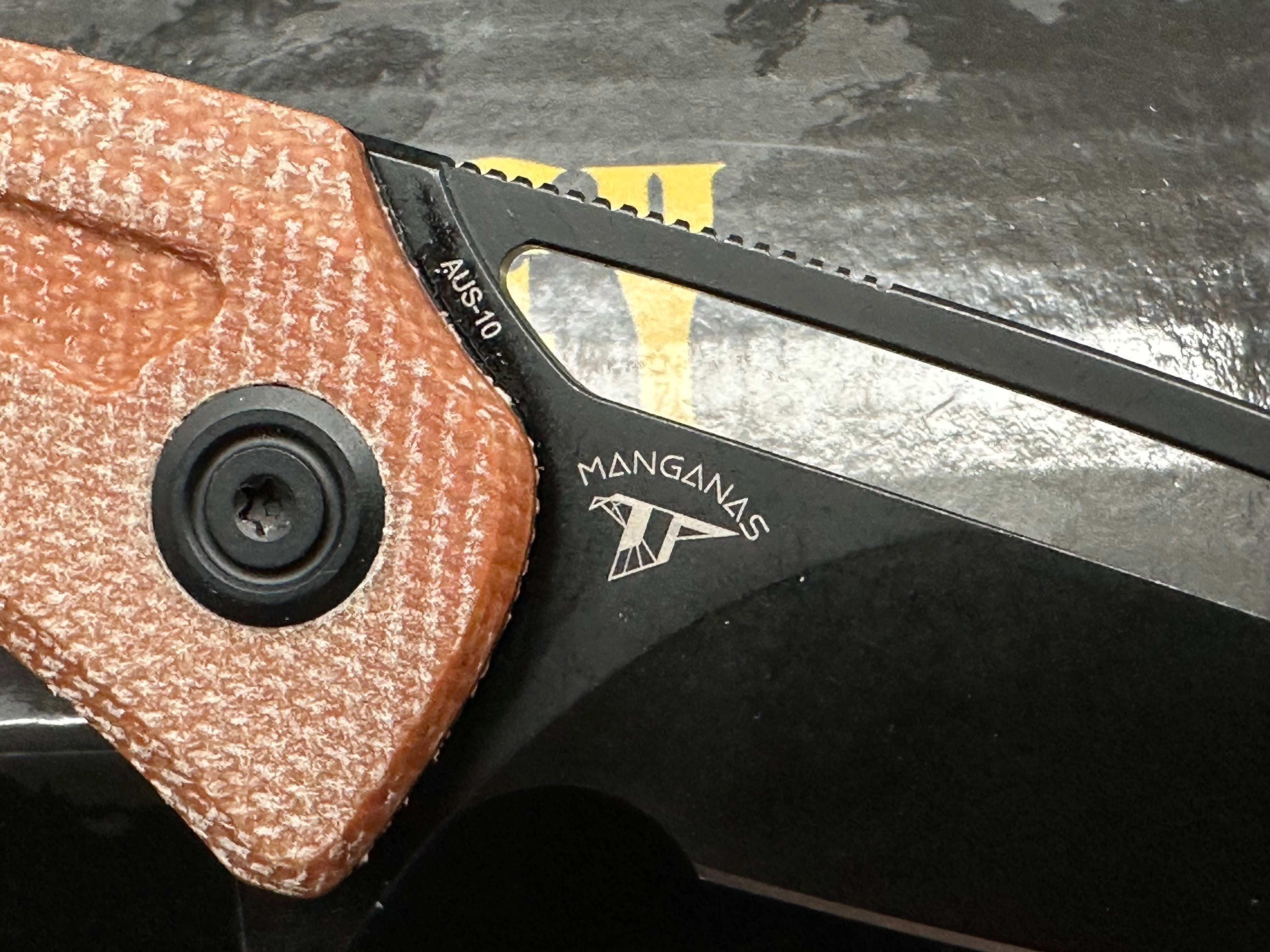 KUBEY MERCED FOLDING KNIFE TAN MICARTA HANDLE AUS-10 DROP POINT PLAIN EDGE BLACKWASH FINISH