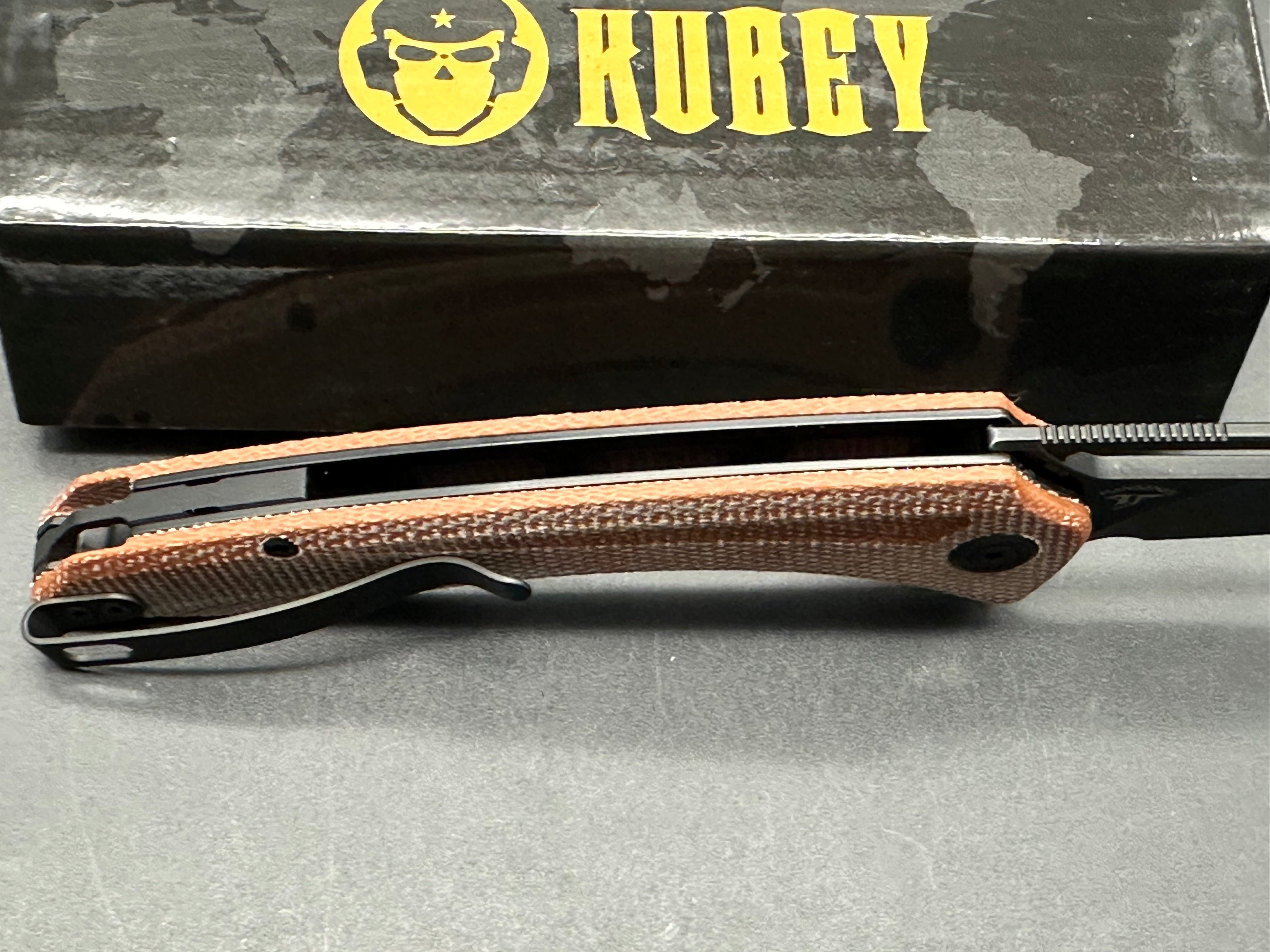 KUBEY MERCED FOLDING KNIFE TAN MICARTA HANDLE AUS-10 DROP POINT PLAIN EDGE BLACKWASH FINISH