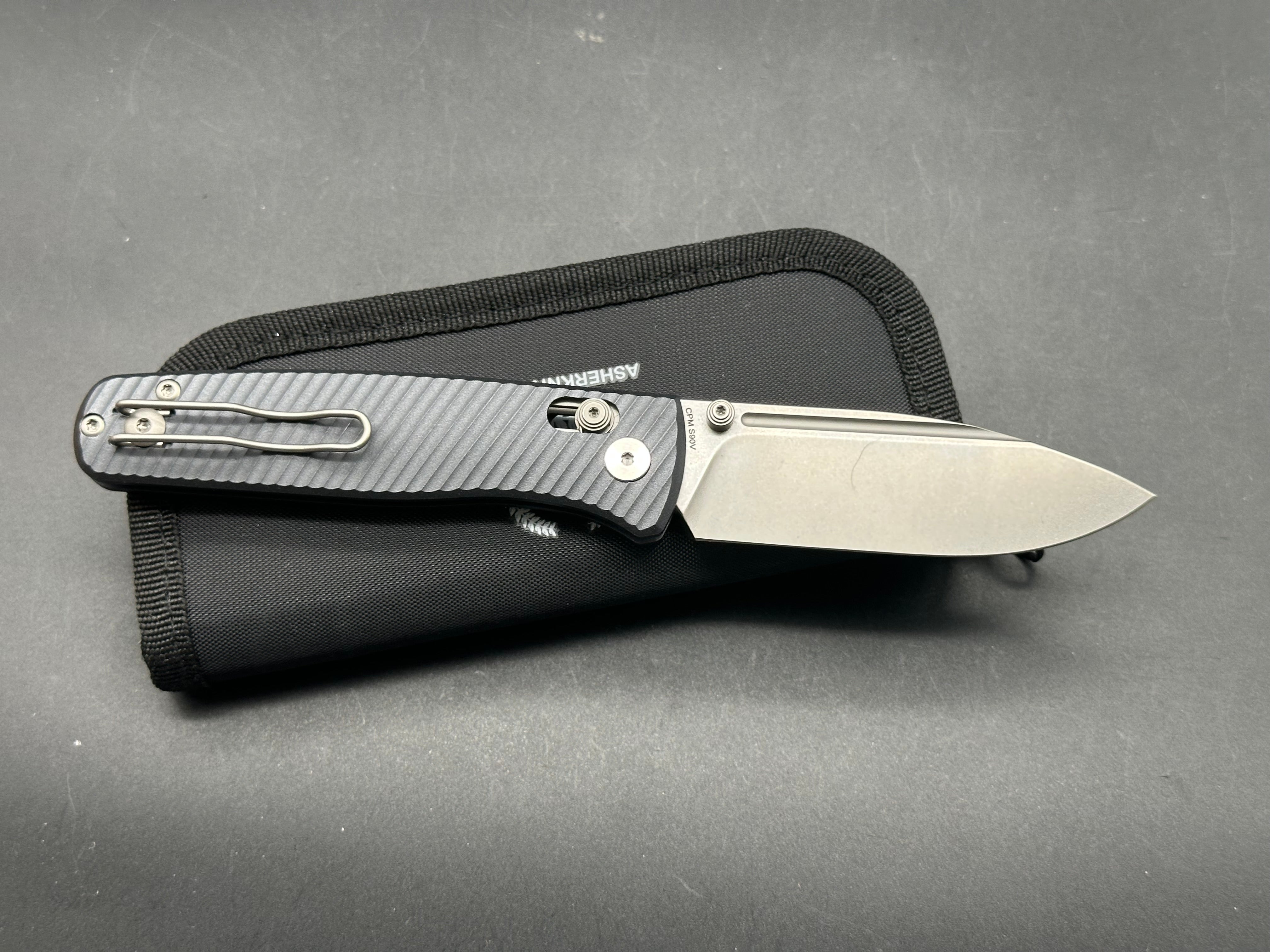 Asher Nomad 3.2" CPM S90V Stonewash Blade with Blue/Black Aluminum Handle