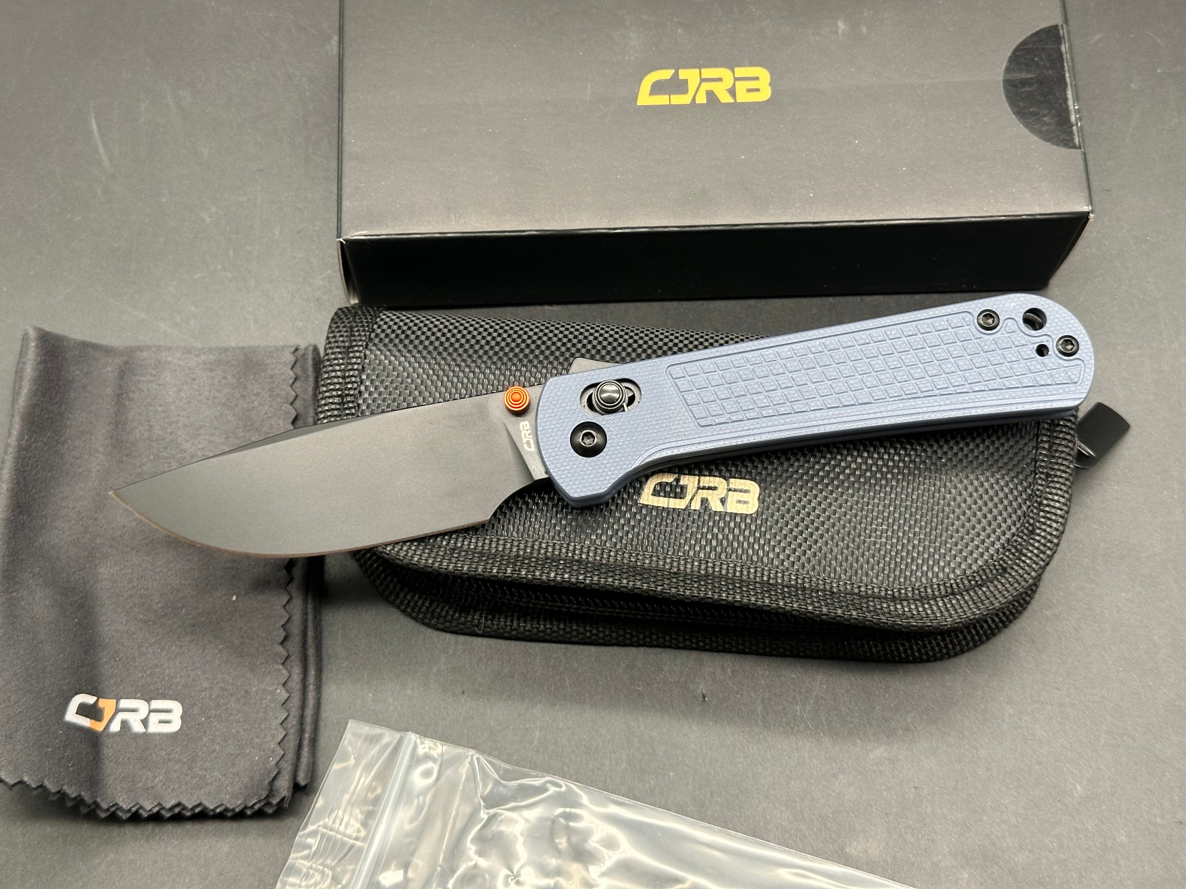CJRB Bolt Folding Knife Blue G10 Handle AR-RPM9 Drop Point Plain Edge Black PVD Finish