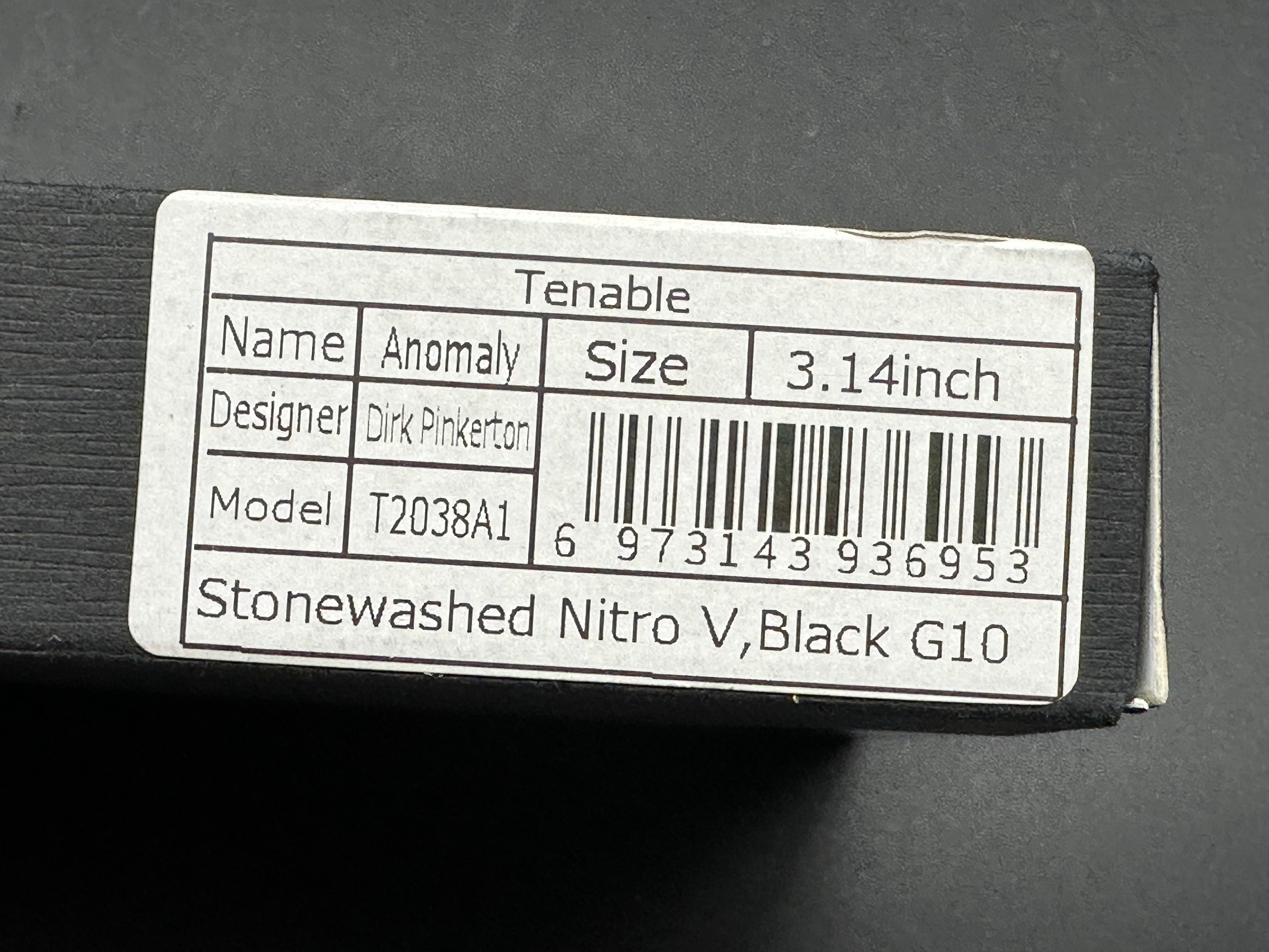 Tenable Anomaly Folding Knife Black G10 Handle Nitro-V Plain Edge Stonewash Finish
