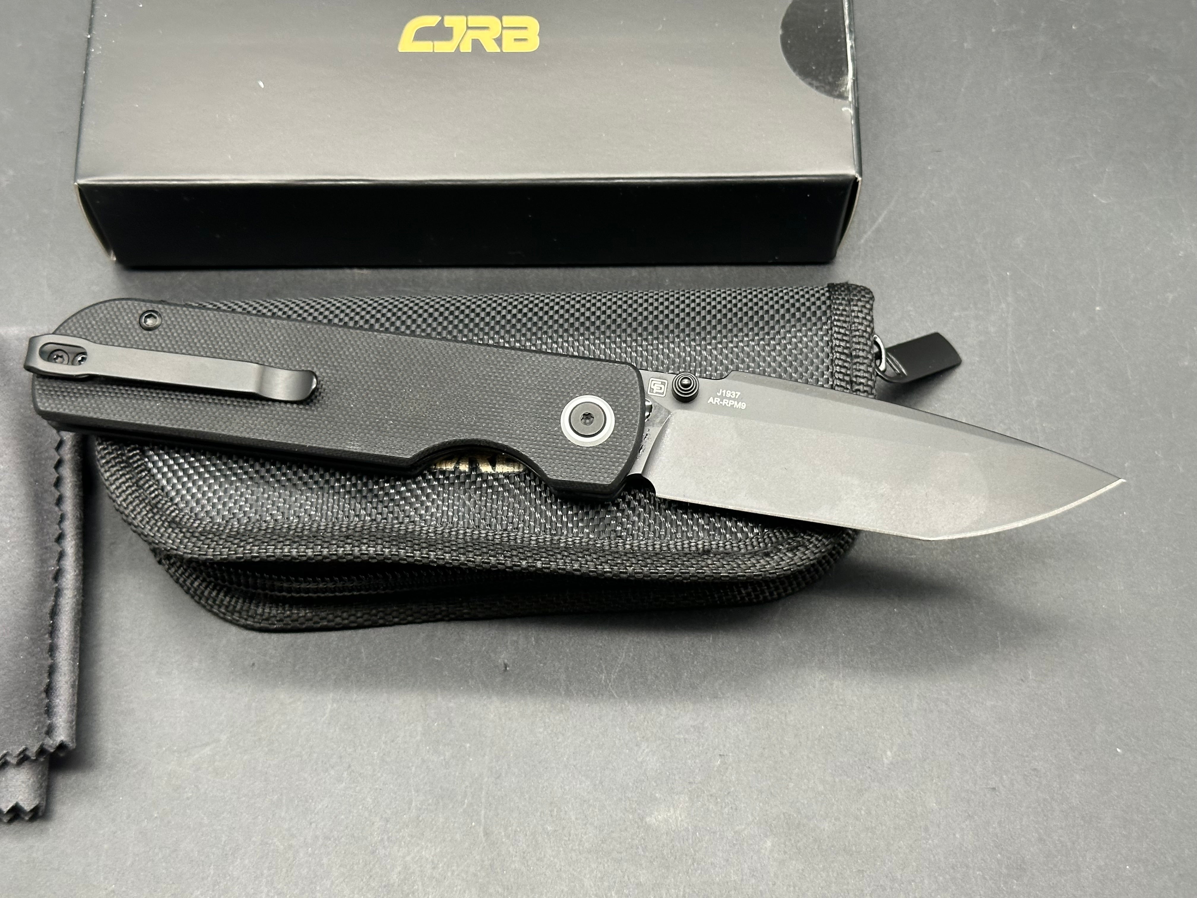 CJRB Nova Folding Knife Black G10 Handle AR-RPM9 Tanto Plain Black Blade