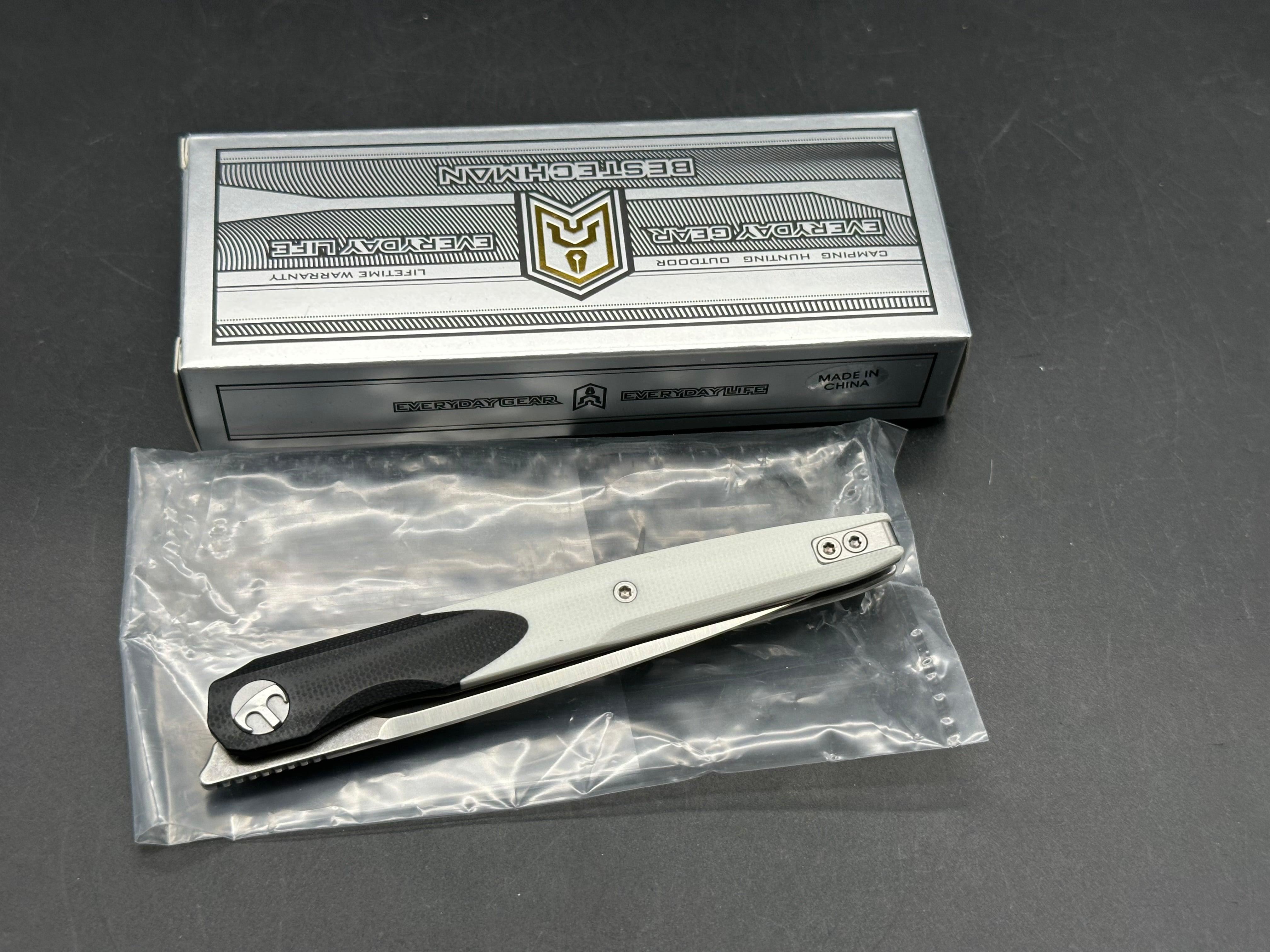 Bestechman Lanza Folding Knife Black/White G10 Handle 14C28N Plain Edge Stonewash/Satin Finish