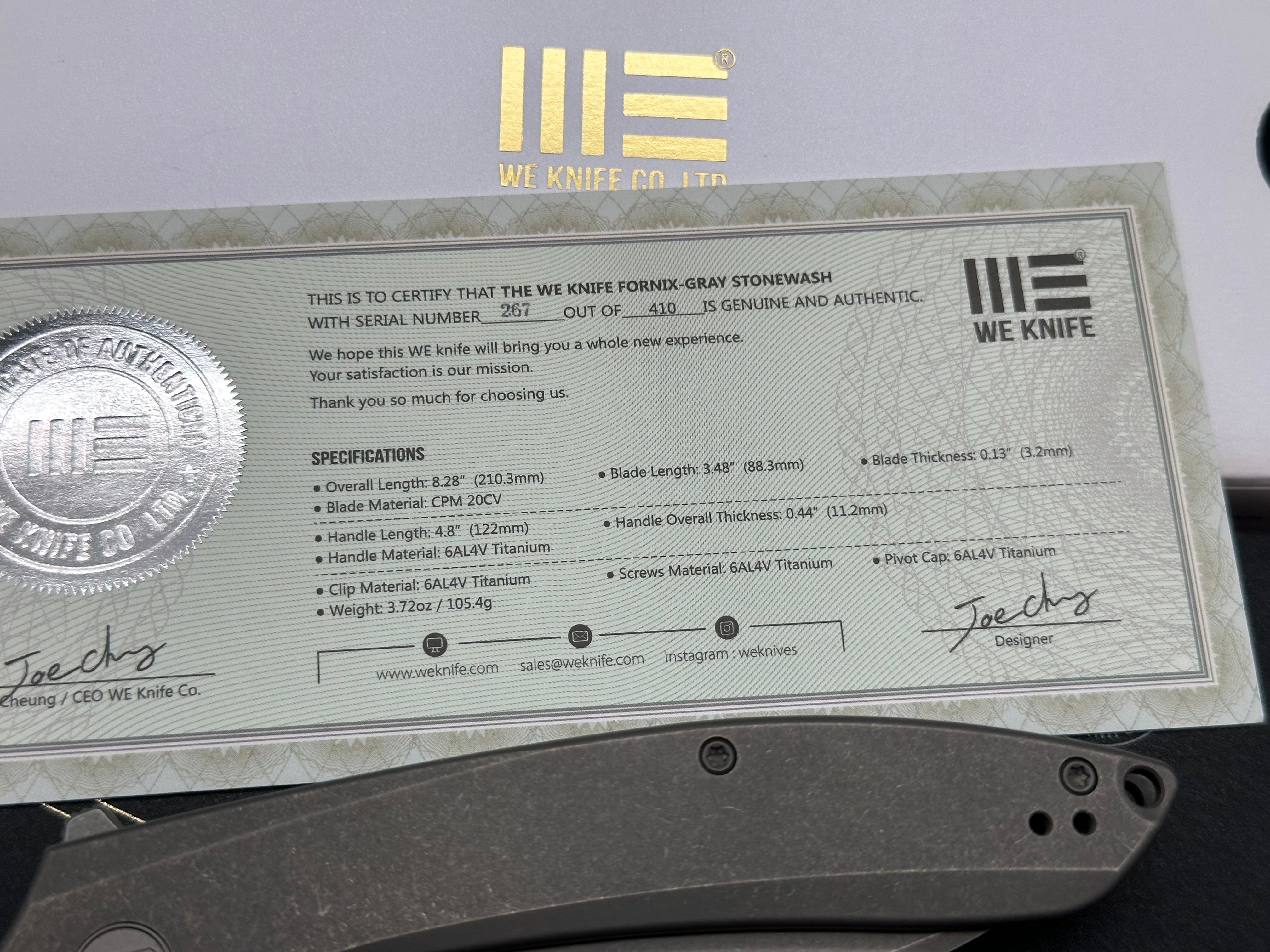 WE Fornix LTD ED 20CV harpoon/ stonewashed Ti Frame lock