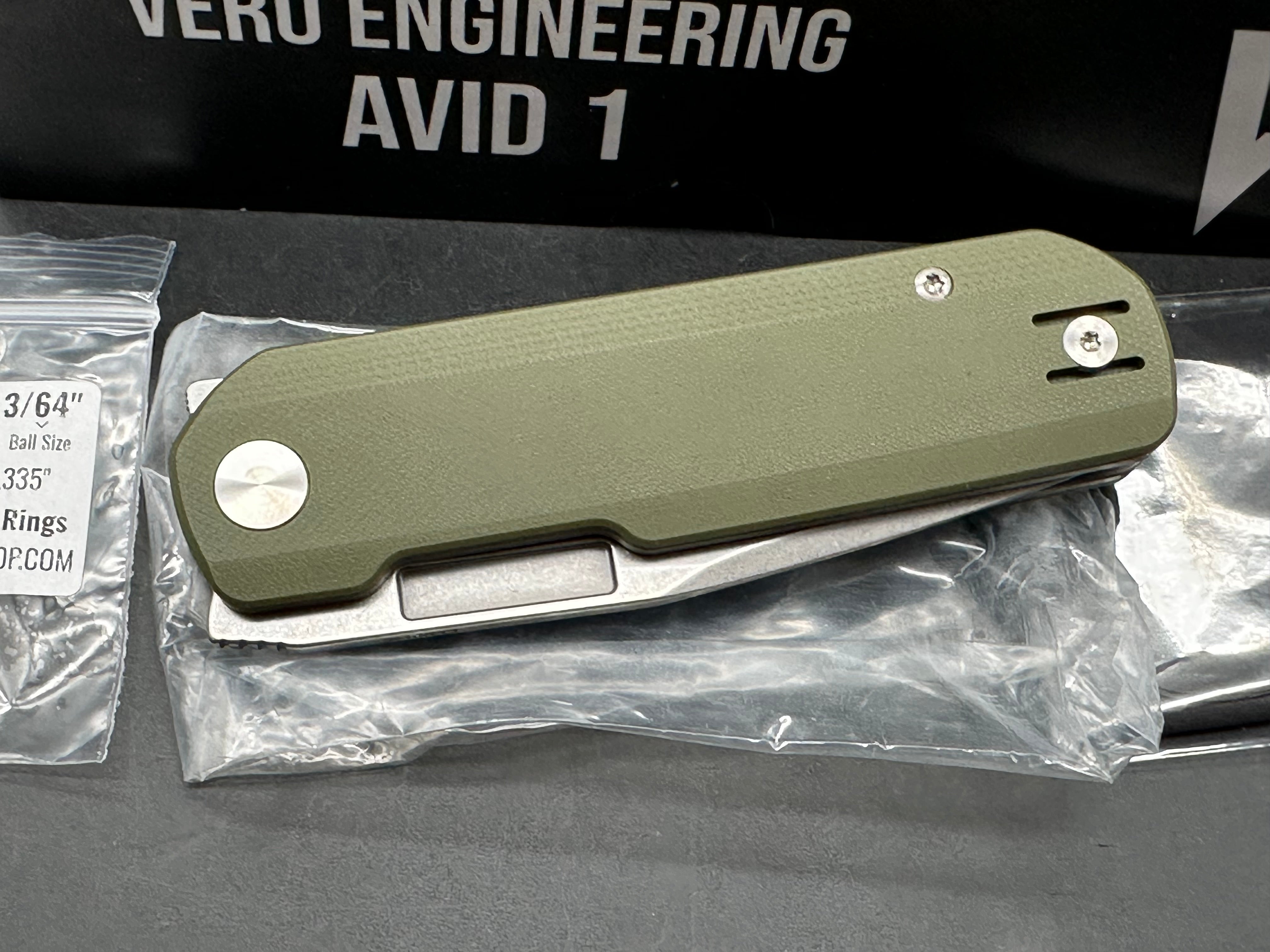 Vero Engineering Avid 1 DLT Exclusive #530 3.25" CPM S45VN Stonewash Blade with OD Green G10 Scales