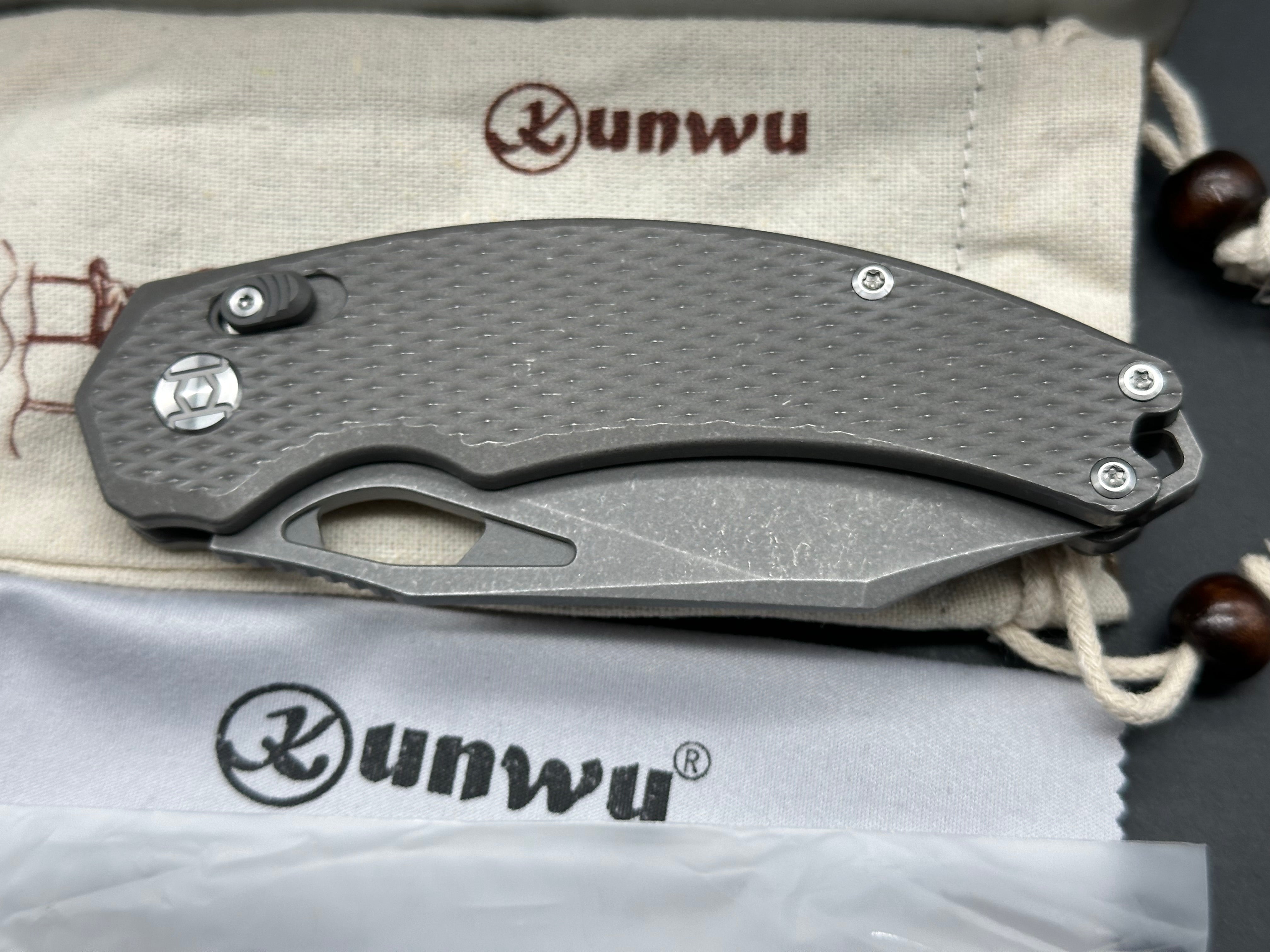 Kunwu X-Padre 3.34" Elmax Stonewash Blade with Stonewash Diamond Textured Titanium Scales