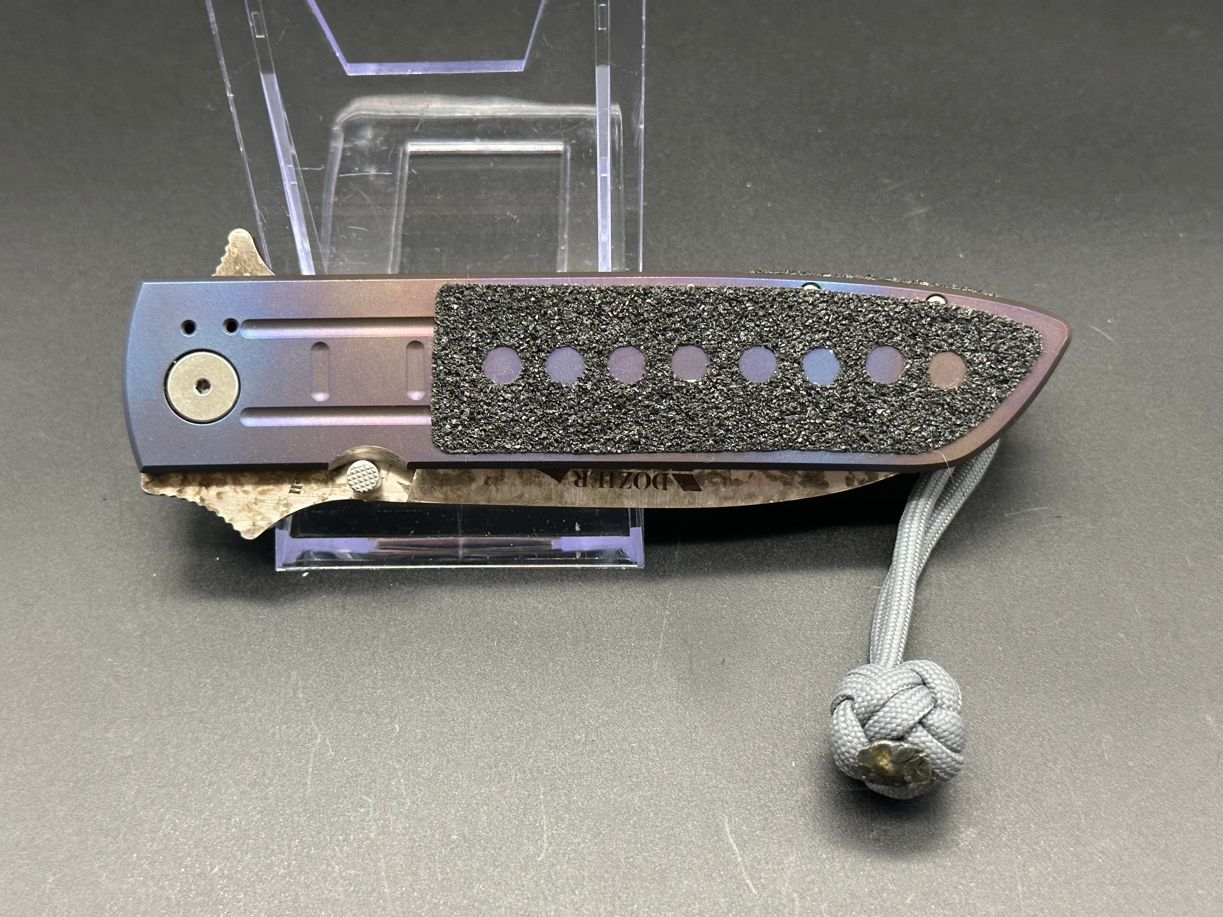 Russell and Dozier Combat Folder (D2, 4.75” apocalyptic finish blade, anodized titanium