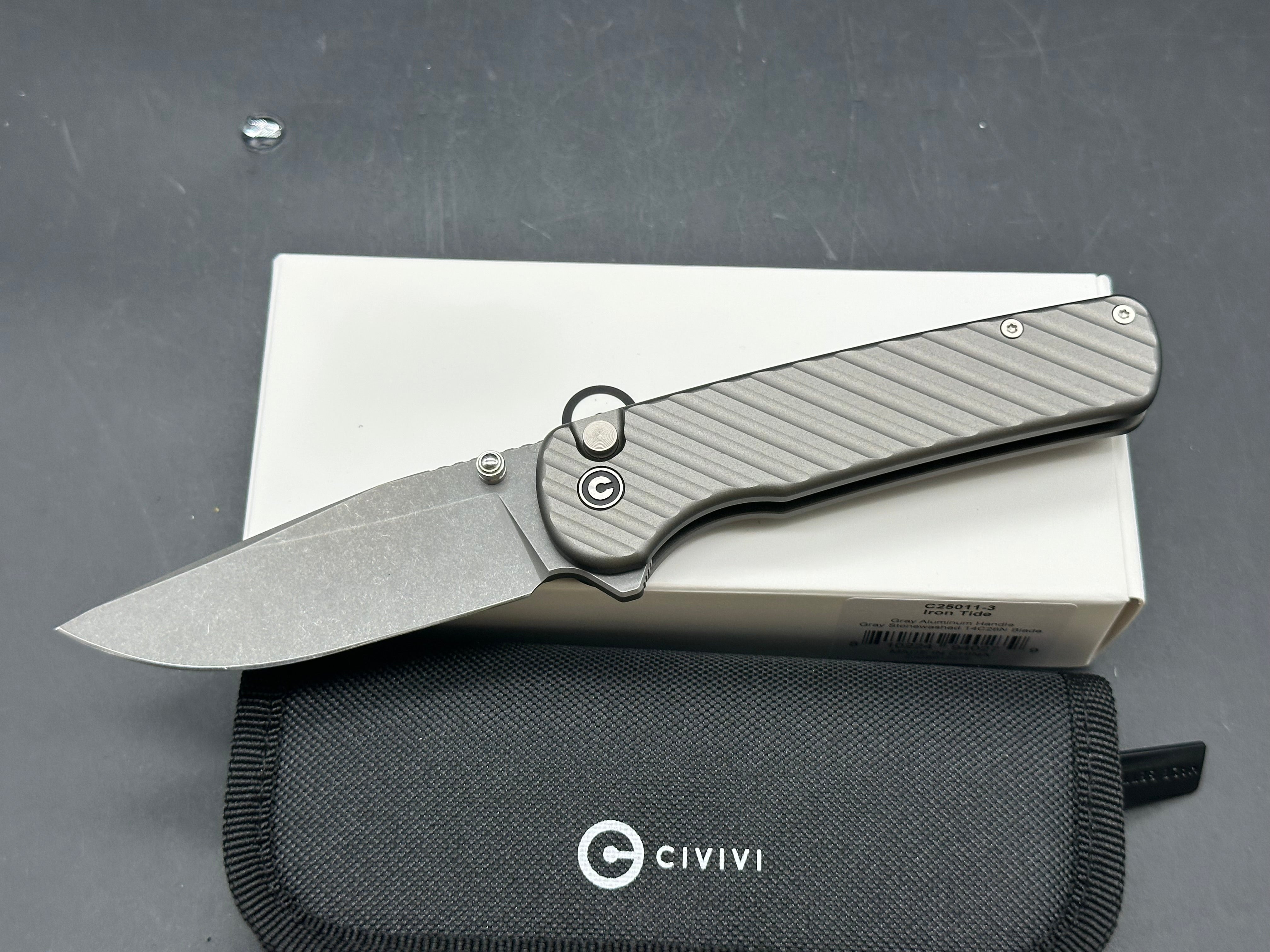 CIVIVI IRON TIDE FOREST GRAY ALUMINUM HANDLE 14C28N PLAIN EDGE GRAY STONEWASH FINISH