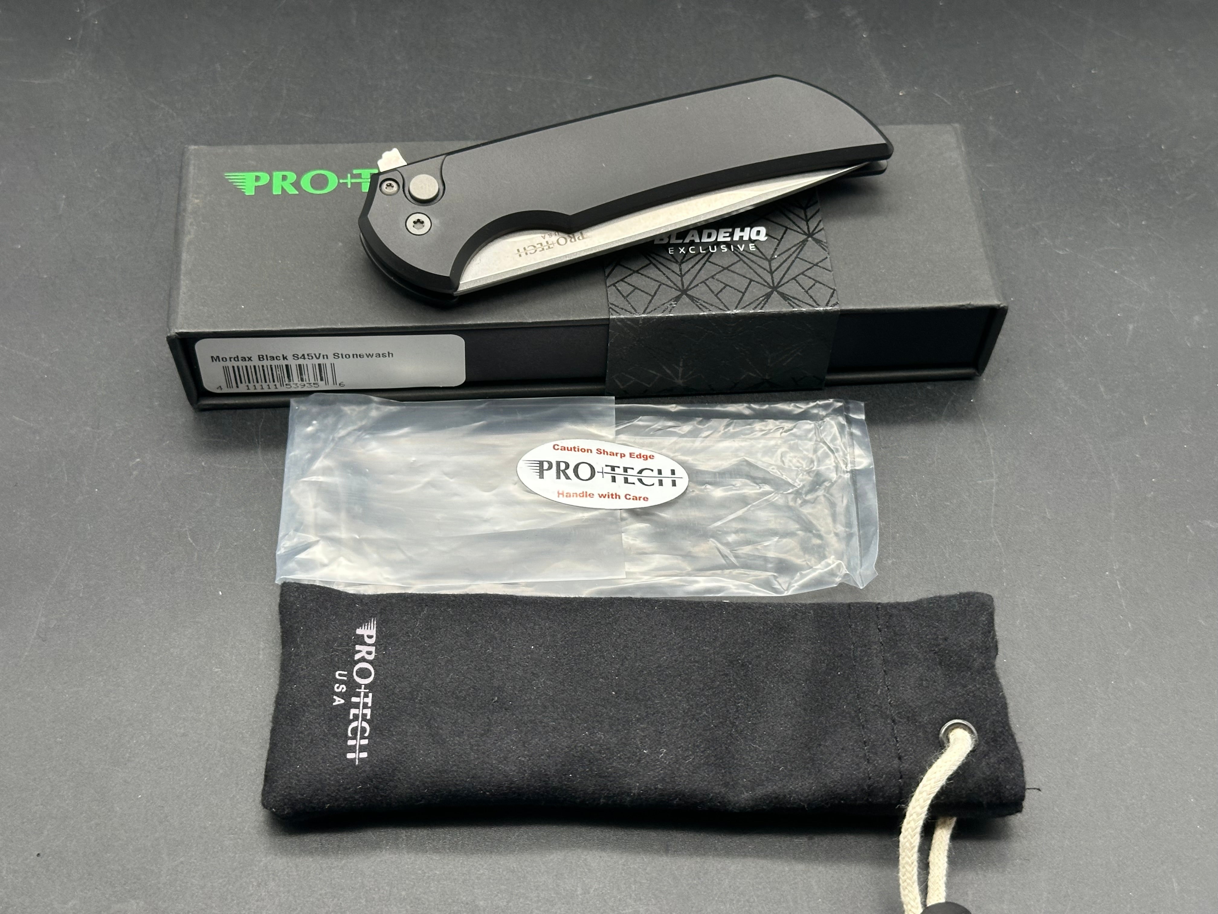 Pro-Tech Mordax Button Lock Knife Black Aluminum (3.5" Stonewash S45VN)