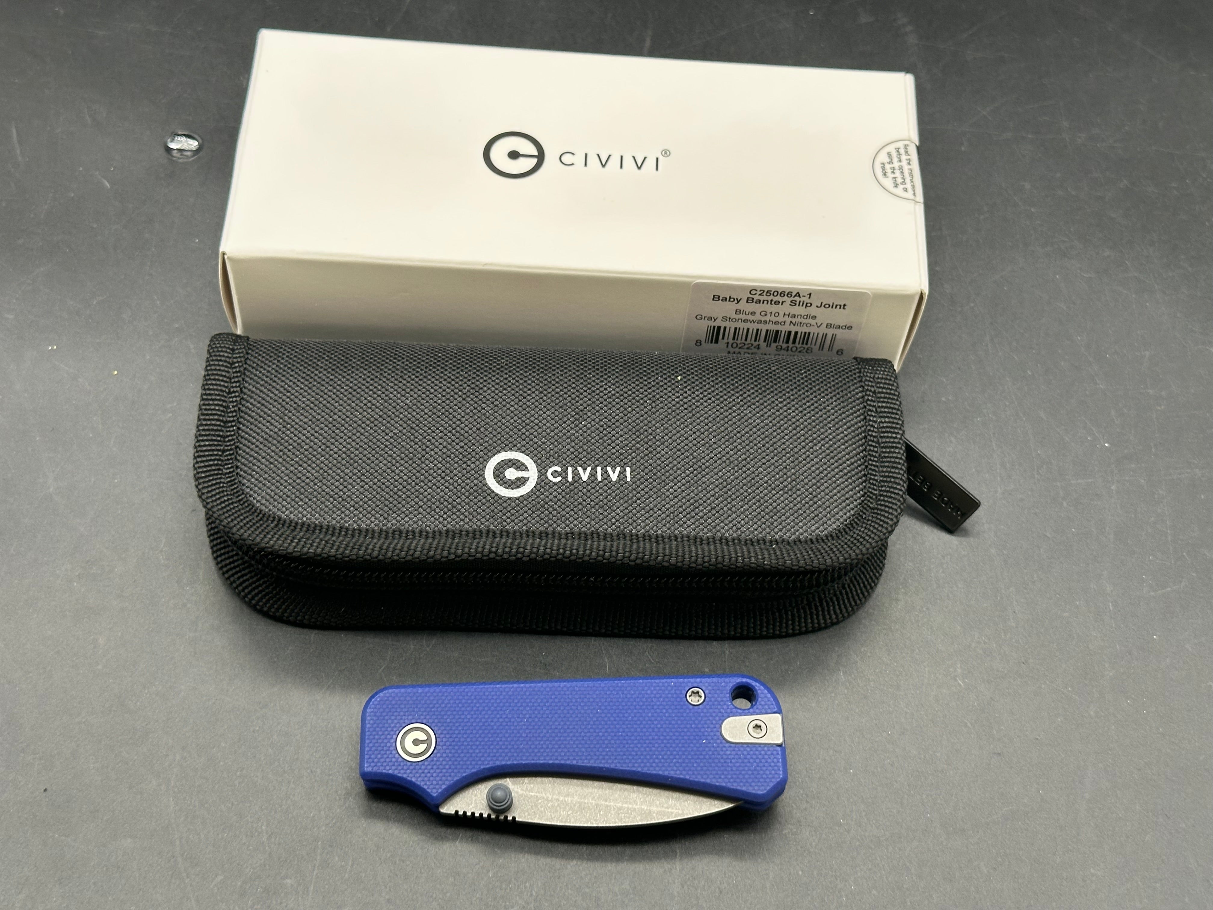 CIVIVI BABY BANTER BLUE G10 HANDLE NITRO-V PLAIN EDGE GRAY STONEWASH FINISH