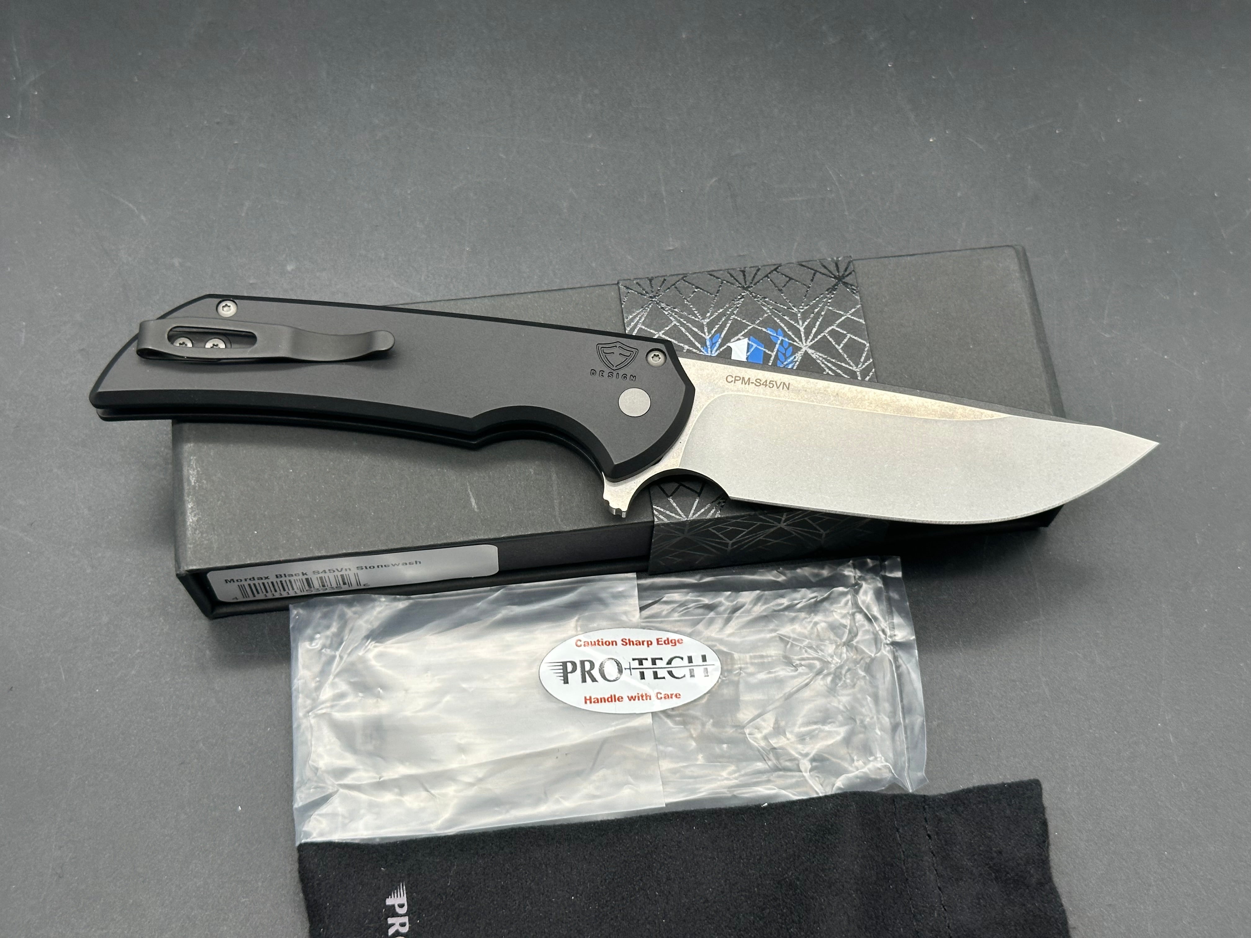 ProTech Mordax Button Lock Knife Black Aluminum (3.5" Stonewash S45VN)