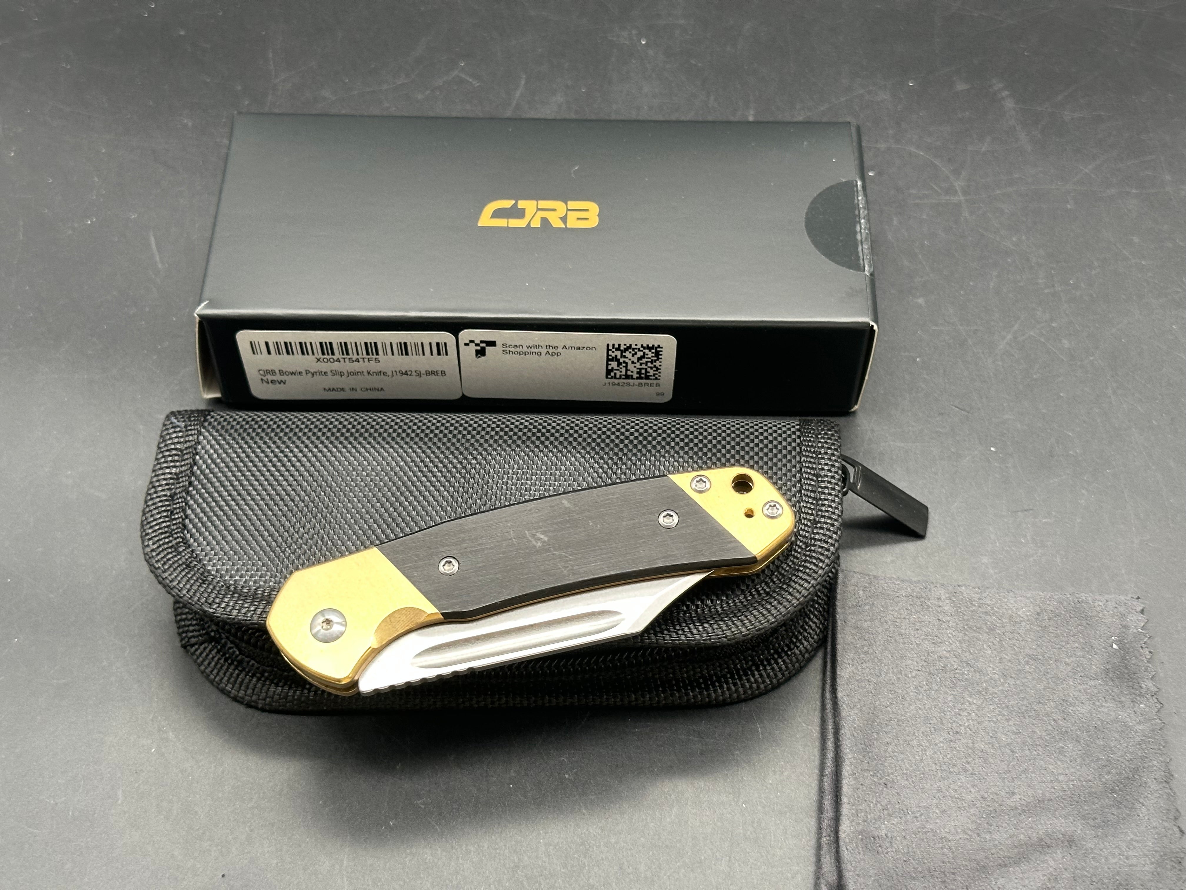 CJRB BOWIE PYRITE FOLDING KNIFE BRASS/WOOD HANDLE AR-RPM9 CLIP POINT PLAIN EDGE STONEWASH FINISH