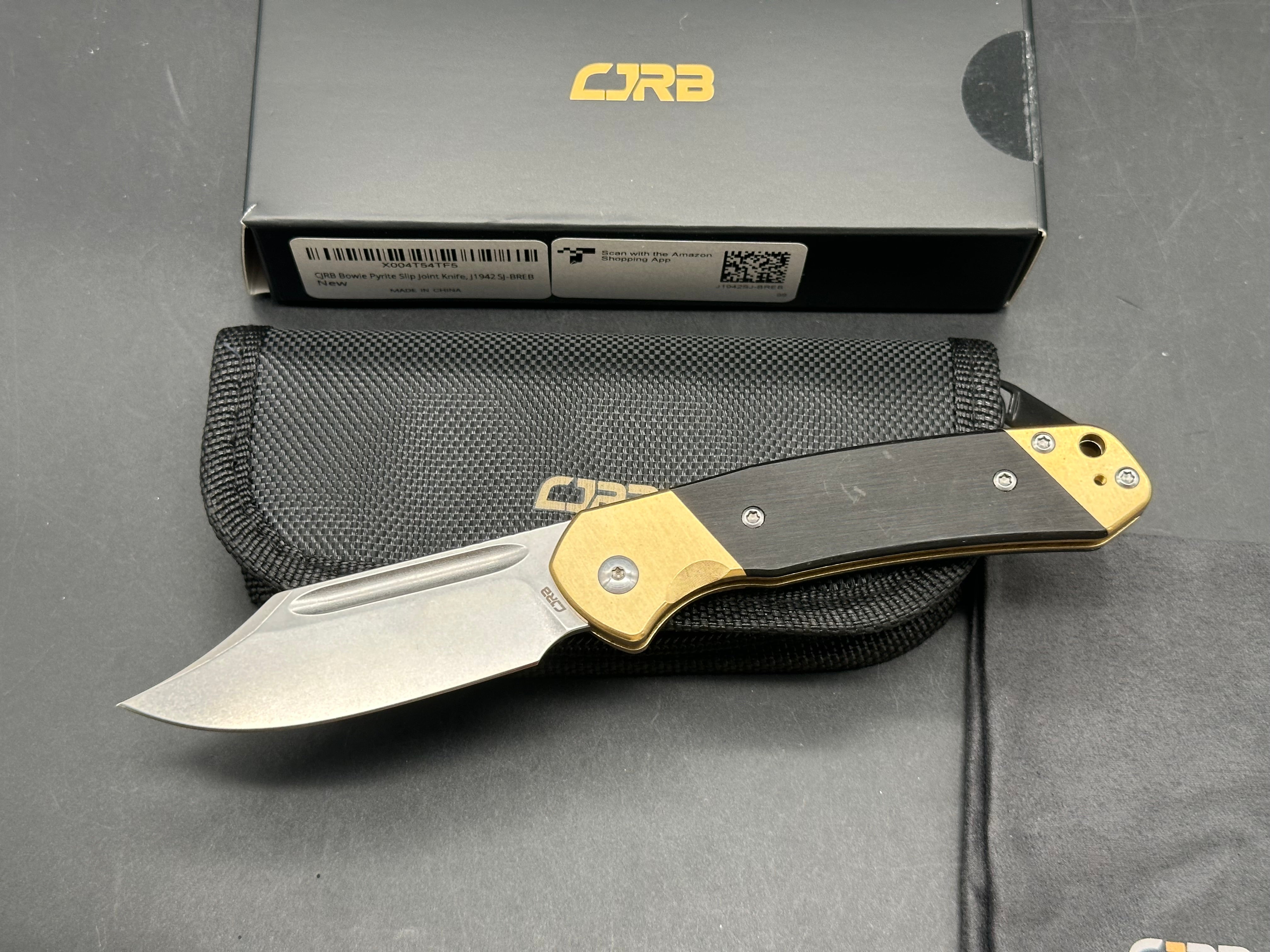 CJRB BOWIE PYRITE FOLDING KNIFE BRASS/WOOD HANDLE AR-RPM9 CLIP POINT PLAIN EDGE STONEWASH FINISH