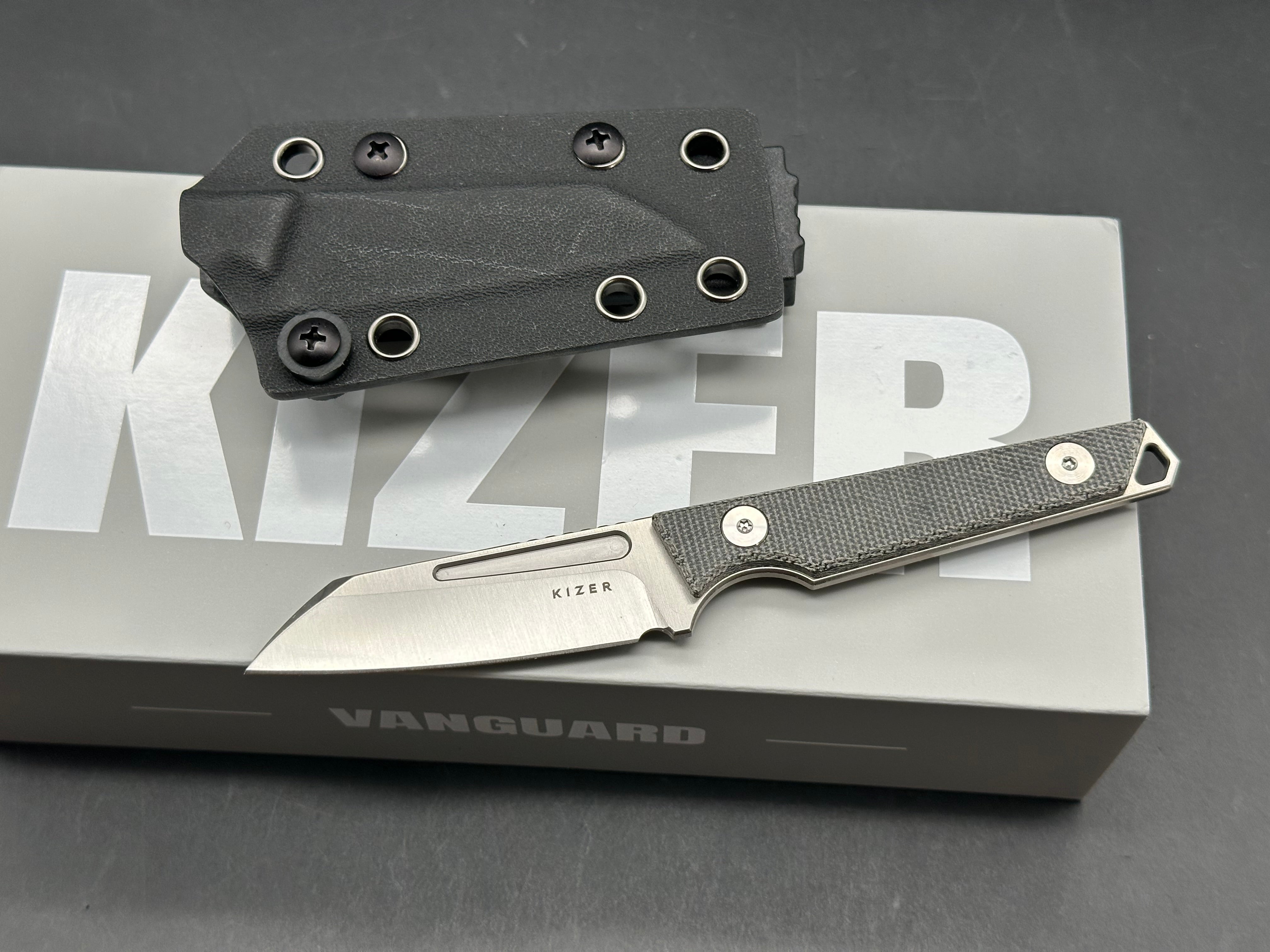 KIZER PHASMIDS FIXED BLADE KNIFE BLACK MICARTA HANDLE AEB-L SHEEPSFOOT PLAIN EDGE SATIN FINISH