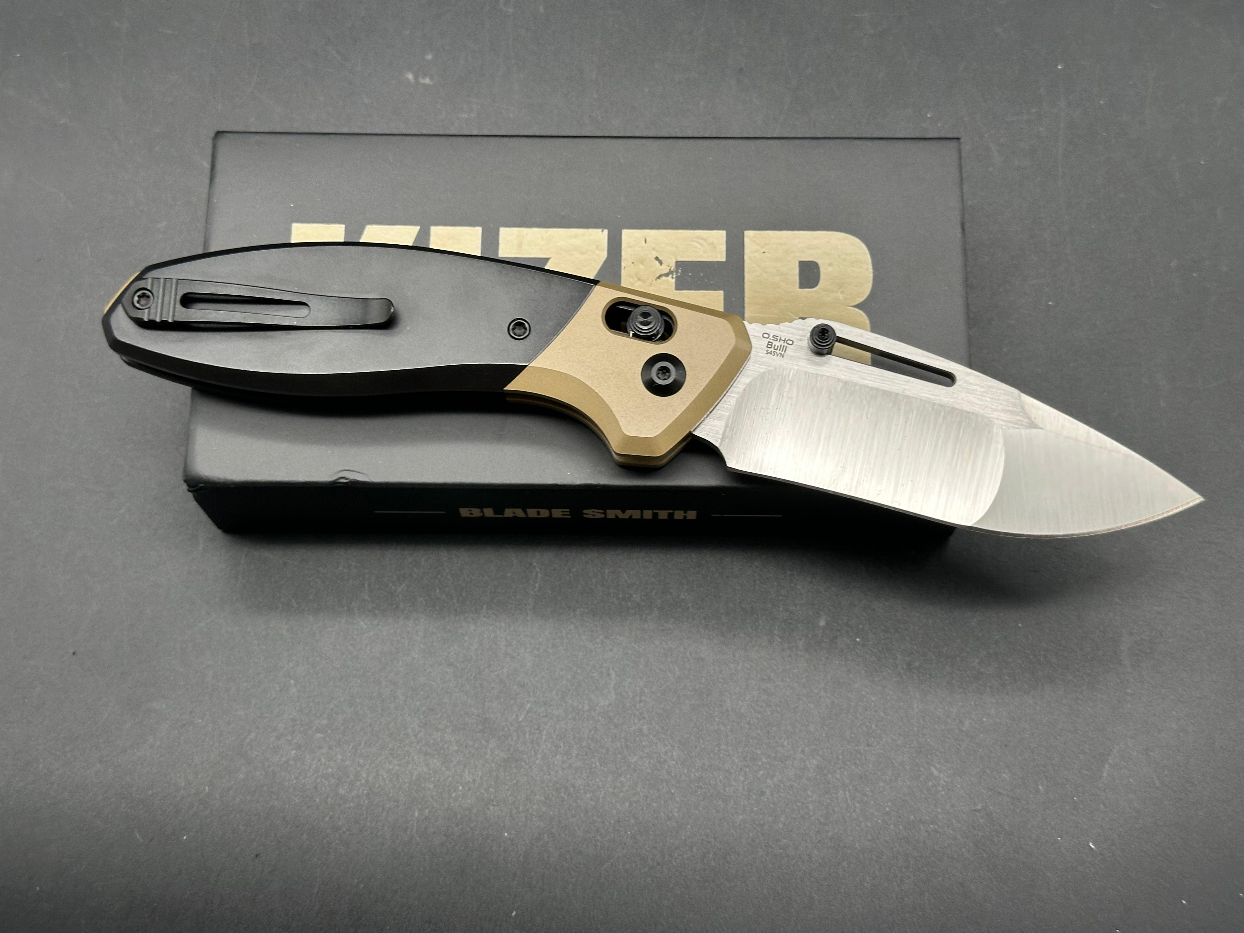 KIZER BULLI BLACK/BROWN TITANIUM HANDLE S45VN DROP POINT PLAIN EDGE HAND BRUSHED FINISH