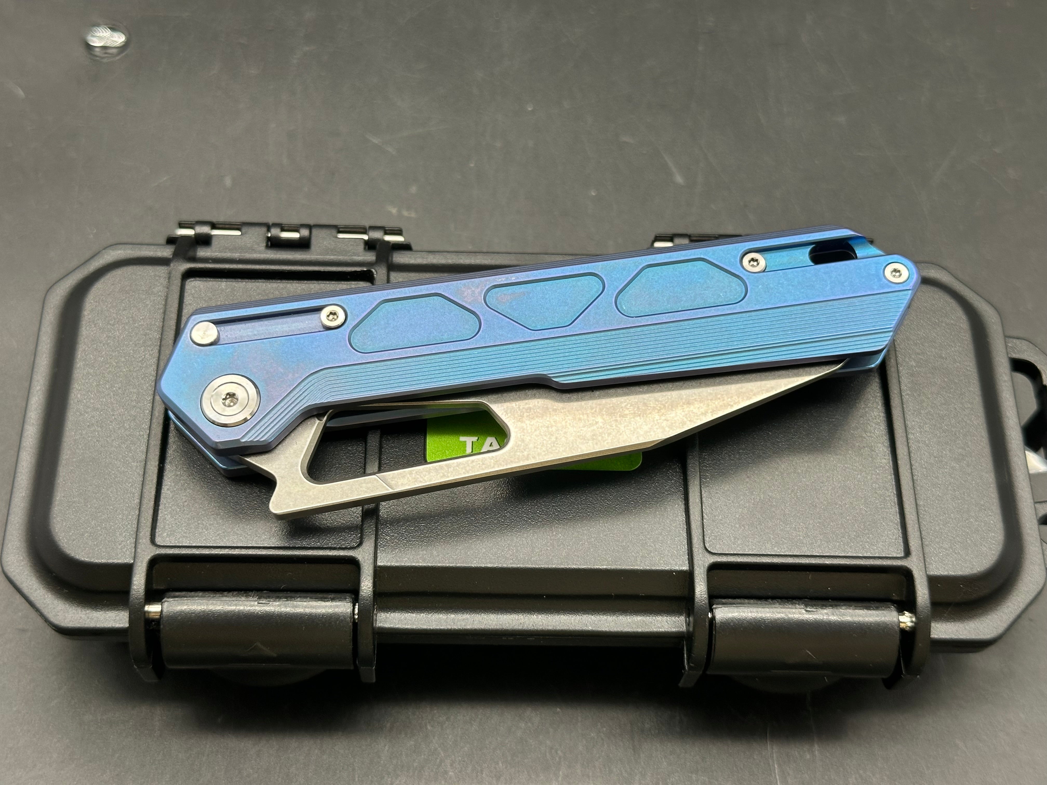 Tacray DT-03, 3.75" VG10 Stonewash Blade that has 4.2" of Cutting Edge w/ Blue Titanium Scales