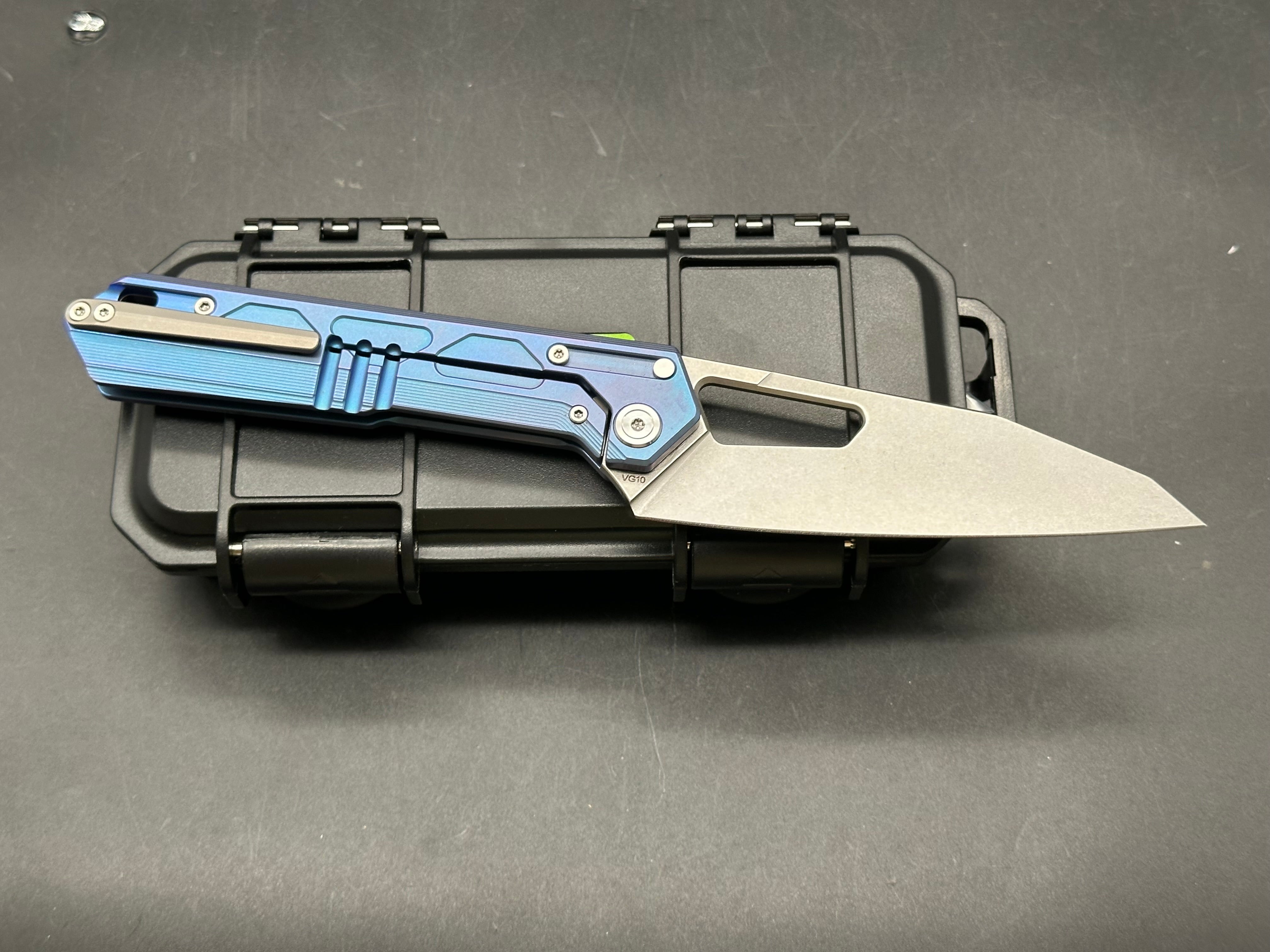 Tacray DT-03, 3.75" VG10 Stonewash Blade that has 4.2" of Cutting Edge w/ Blue Titanium Scales