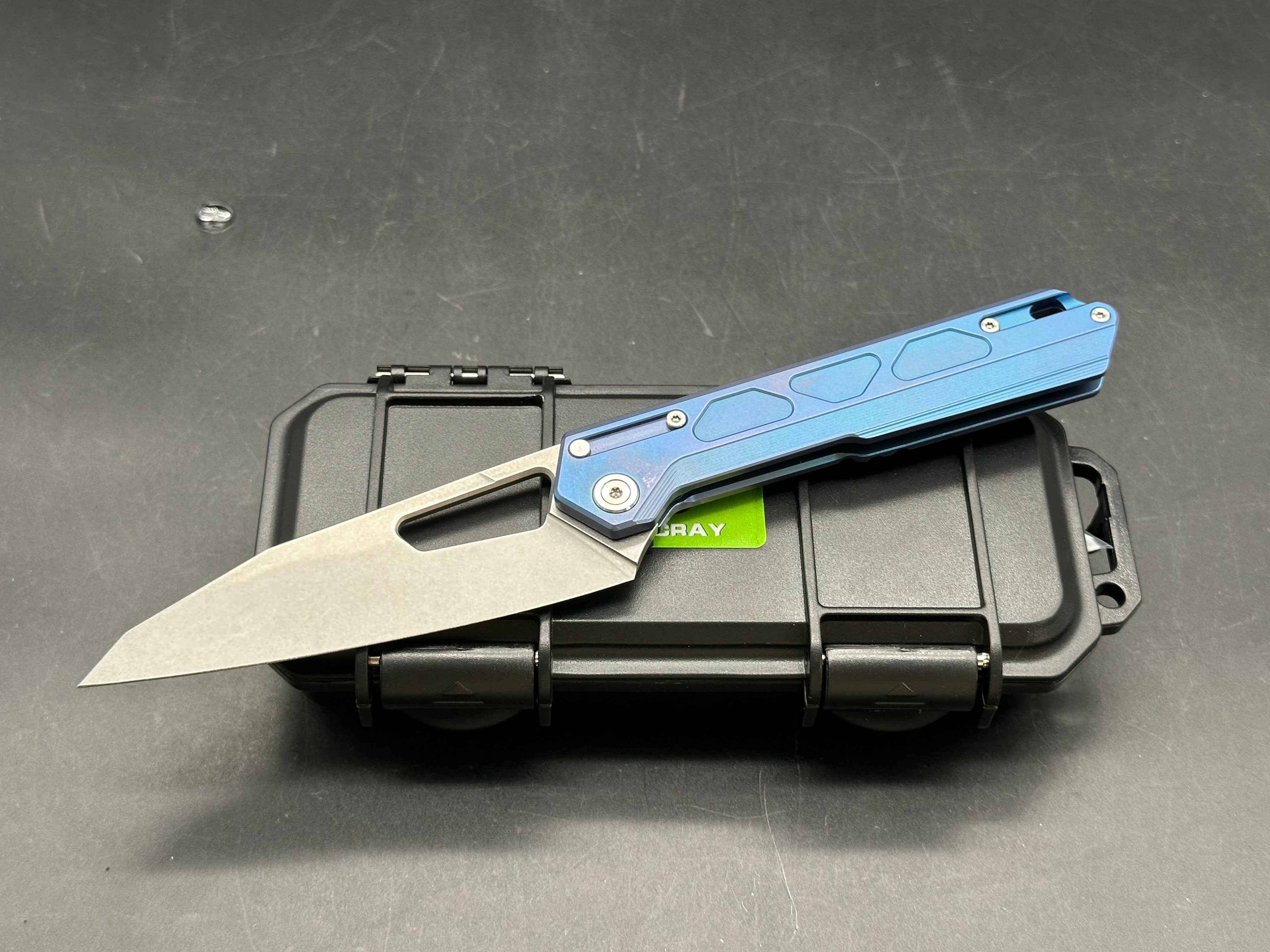 Tacray DT-03, 3.75" VG10 Stonewash Blade that has 4.2" of Cutting Edge w/ Blue Titanium Scales