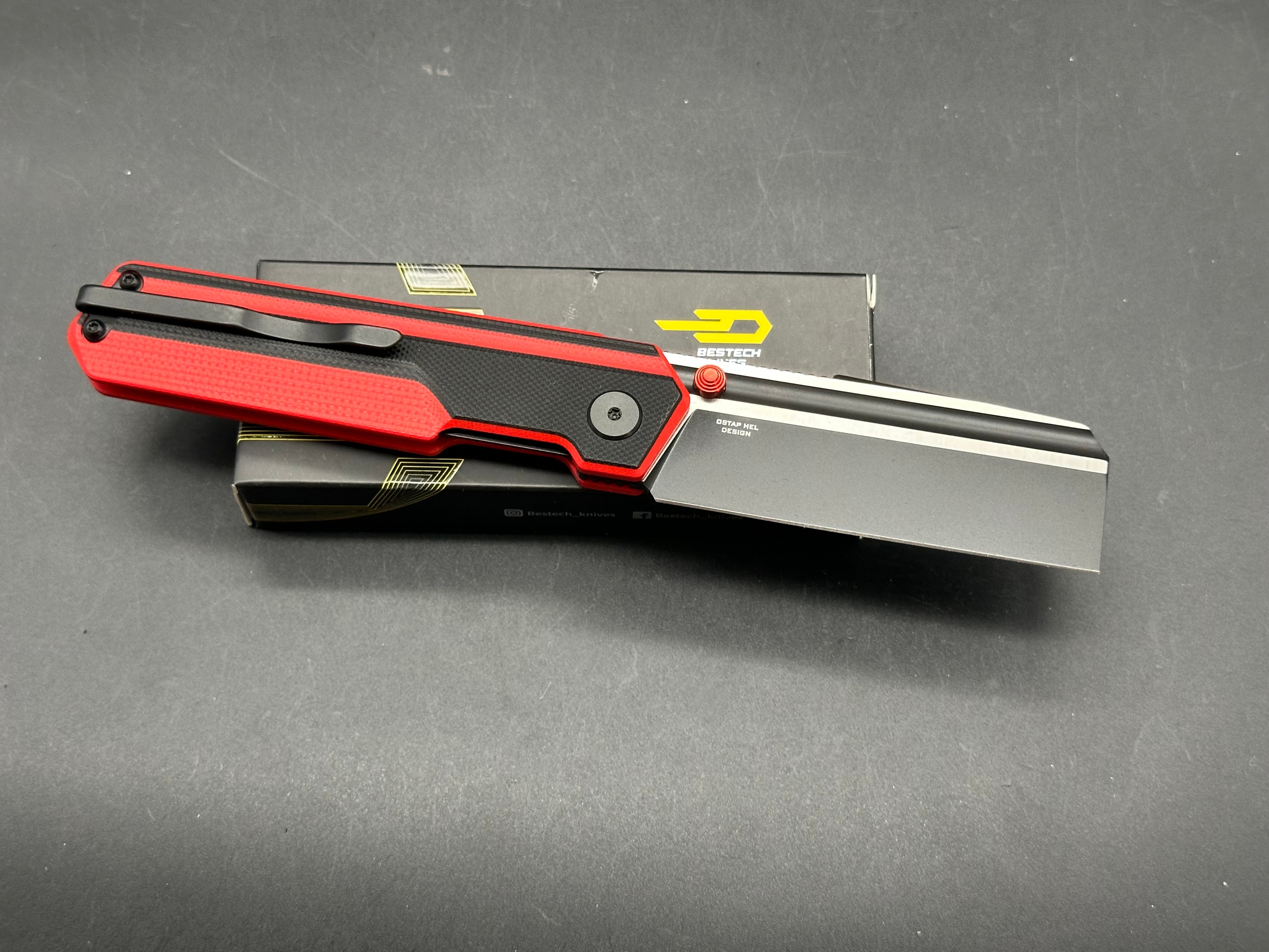 BESTECH TARDIS FOLDING KNIFE BLACK/RED G10 HANDLE D2 PLAIN BLACK DLC/SATIN BLADE