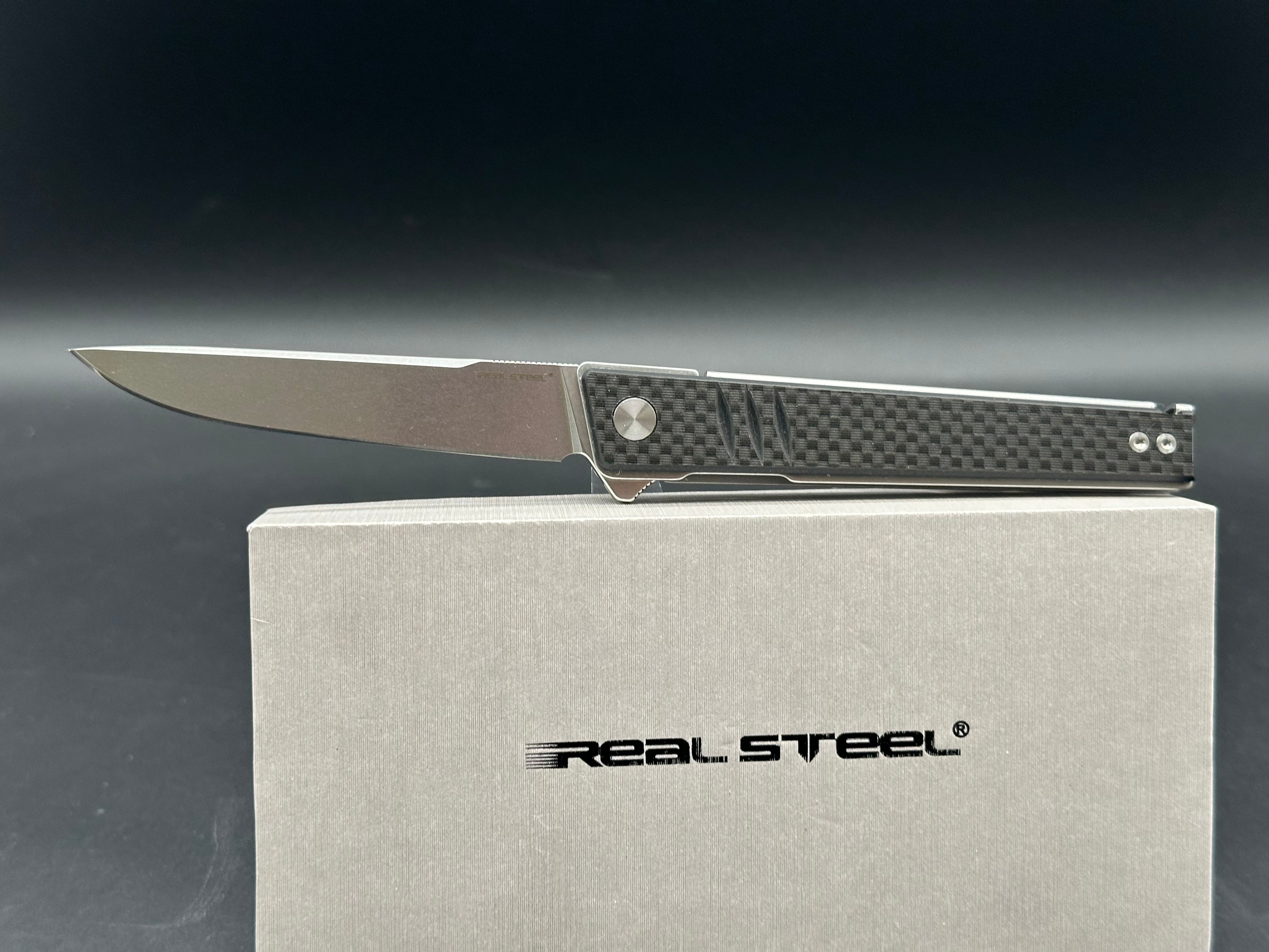 Real Steel Kikashi Flipper Knife 4.45'' Alleima 14C28N Stonewash Blade, Liner Lock, G10/Carbon Fiber laminate