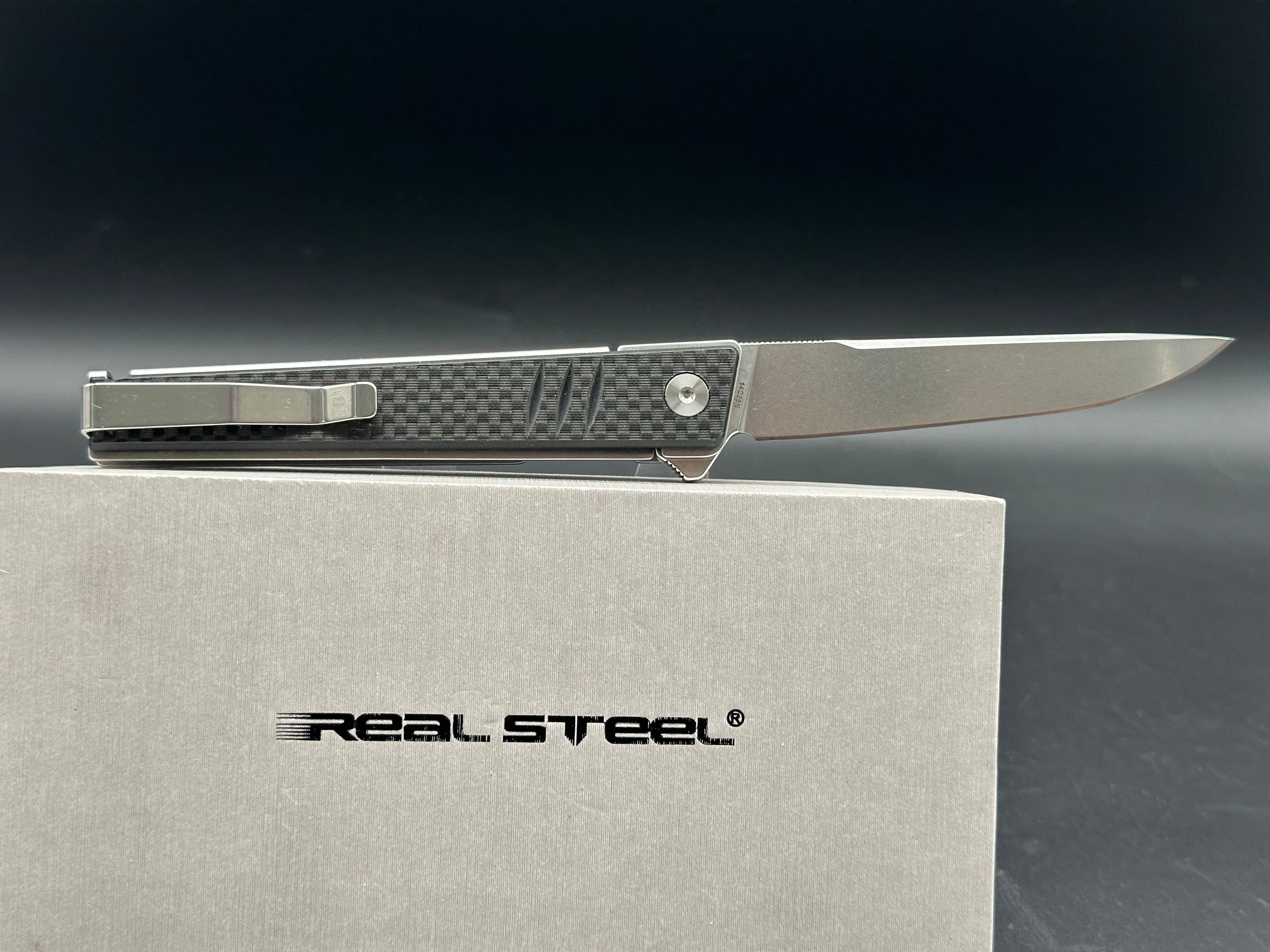 Real Steel Kikashi Flipper Knife 4.45'' Alleima 14C28N Stonewash Blade, Liner Lock, G10/Carbon Fiber laminate