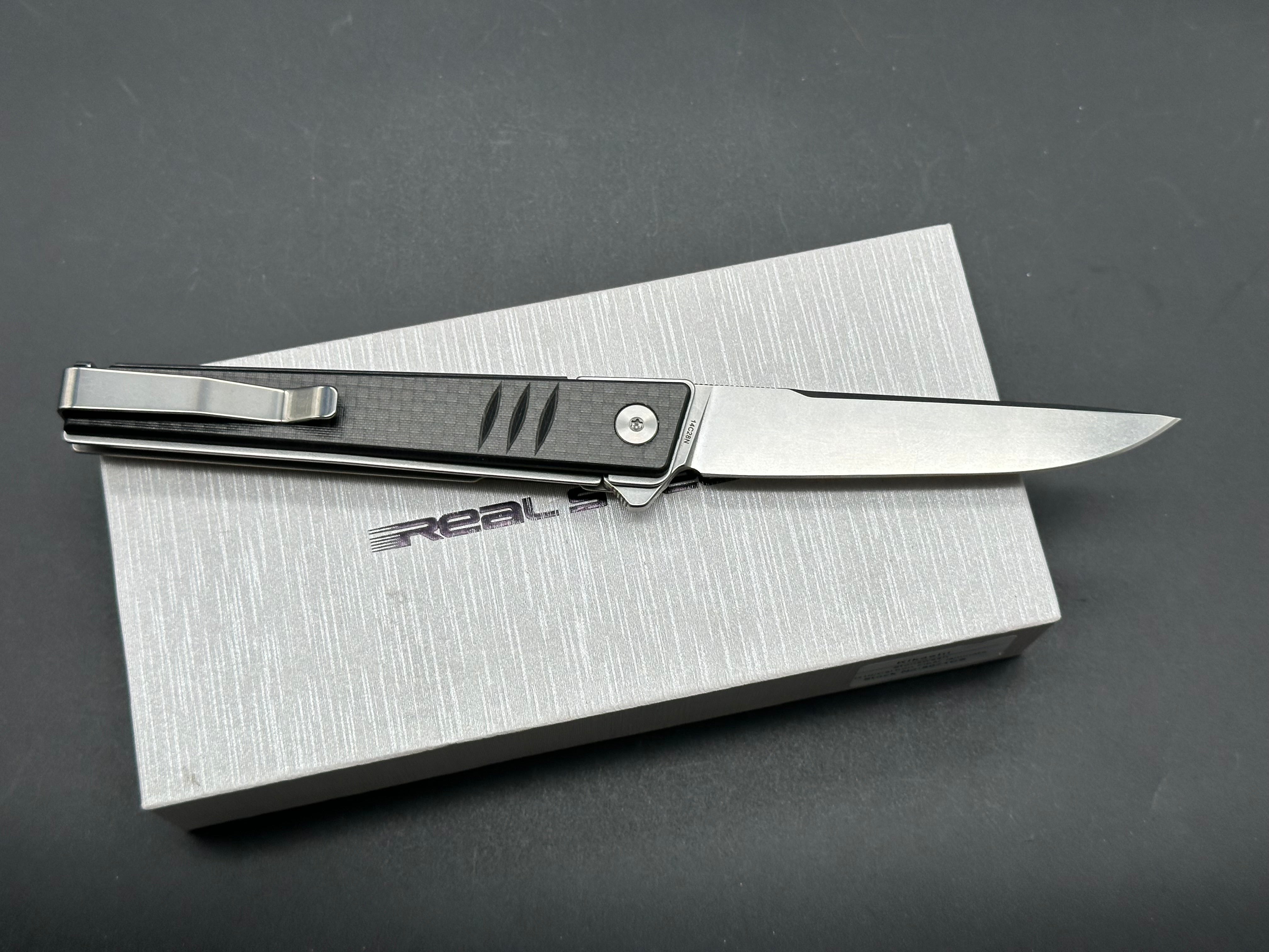 Real Steel Kikashi Flipper Knife 4.45'' Alleima 14C28N Stonewash Blade, Liner Lock, G10/Carbon Fiber laminate