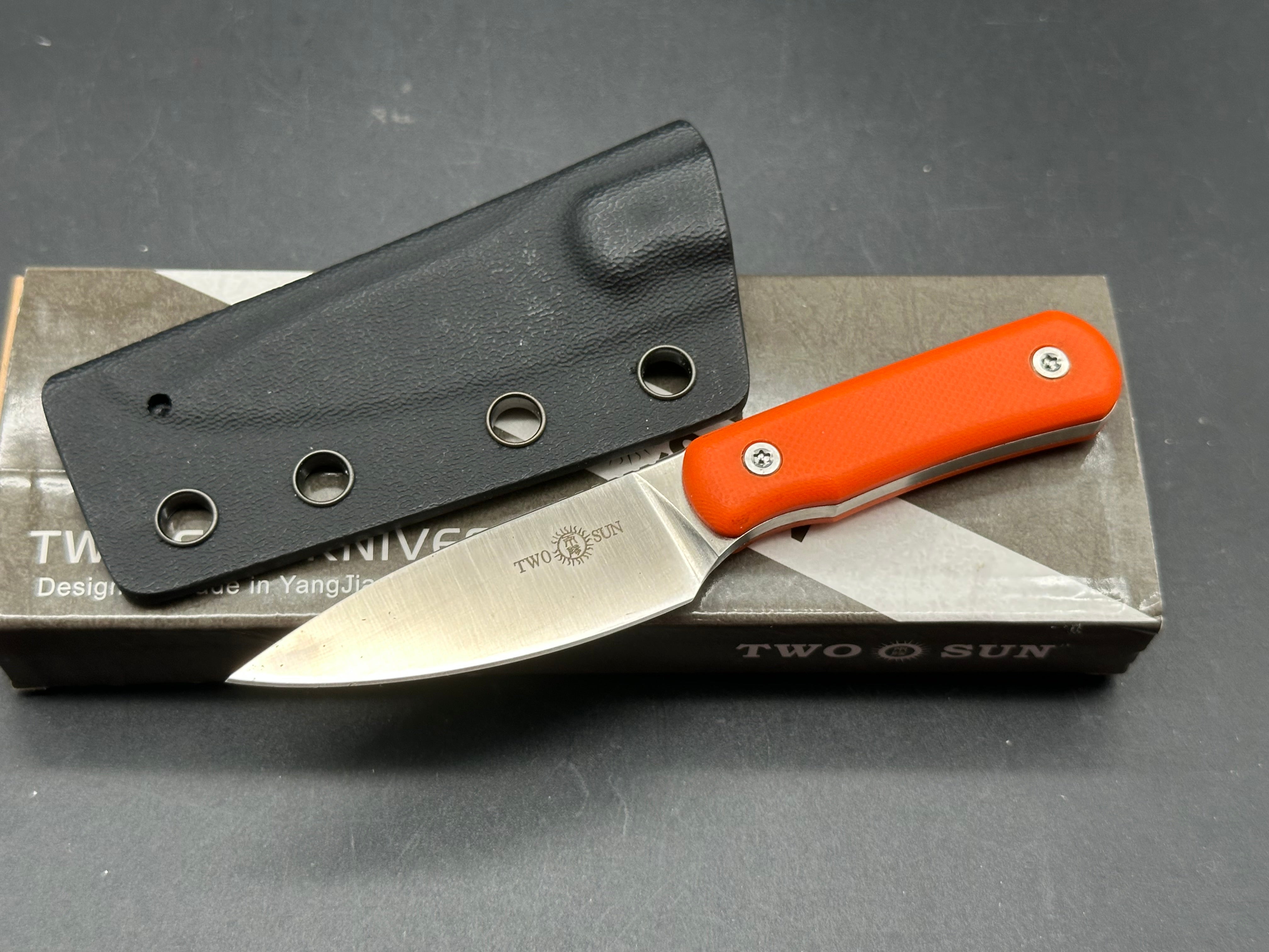 TwoSun TS150 Fixed Blade Knife Orange G10 Handle S90V Drop Point Plain Edge