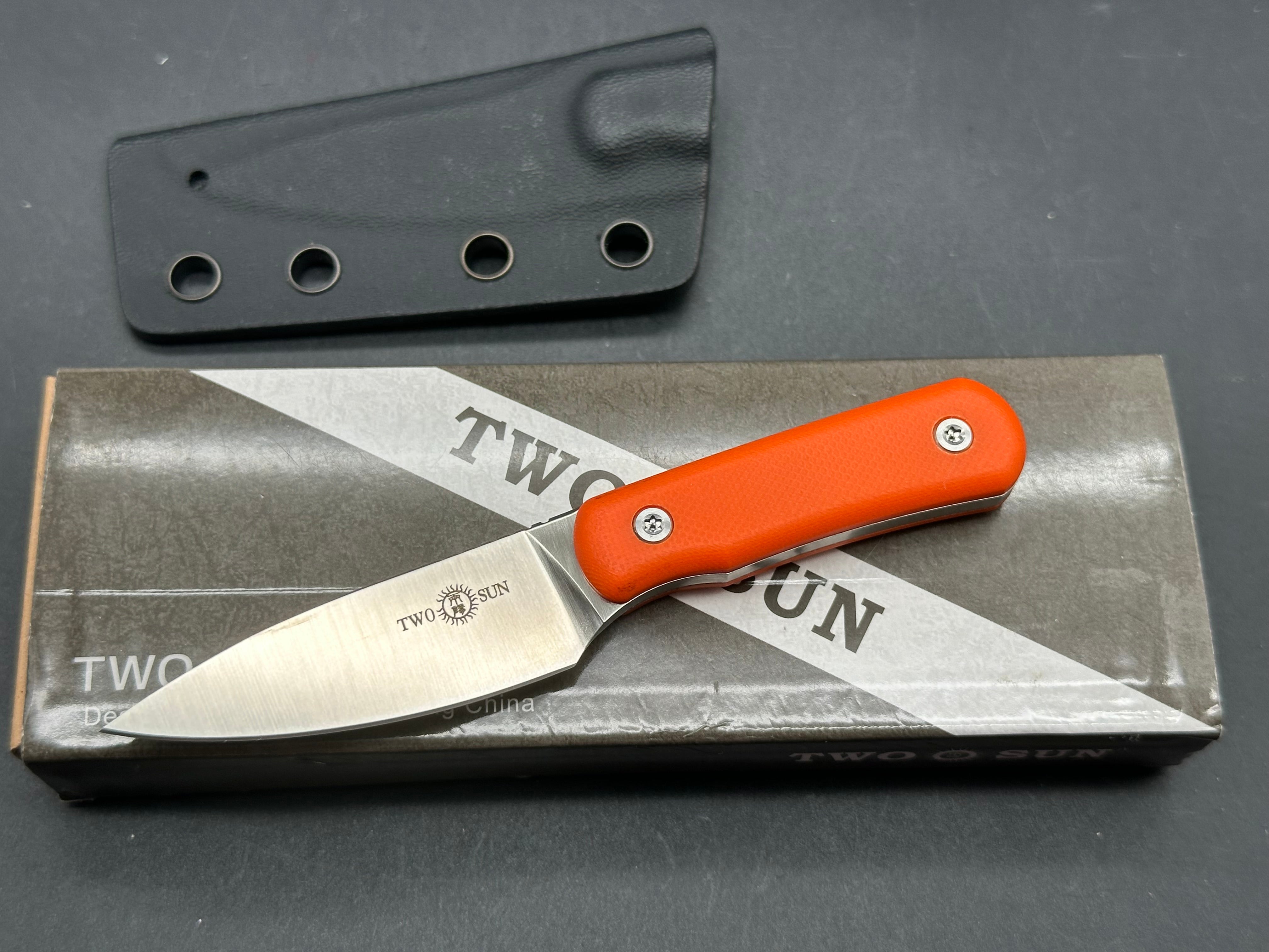 TwoSun TS150 Fixed Blade Knife Orange G10 Handle S90V Drop Point Plain Edge