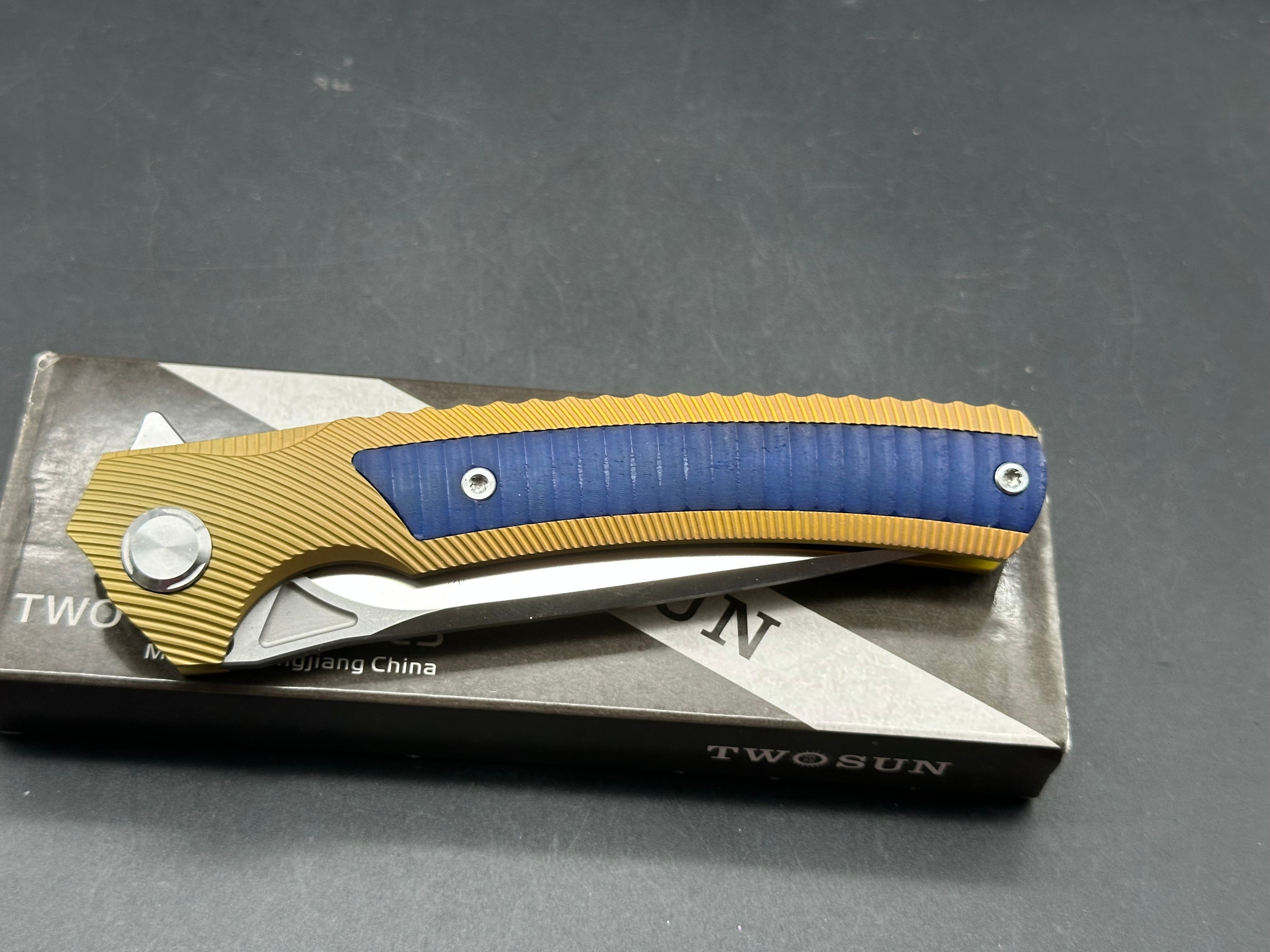 TwoSun TS81 Frame Lock Knife Gold Titanium + blue dyed bone insert D2 blade