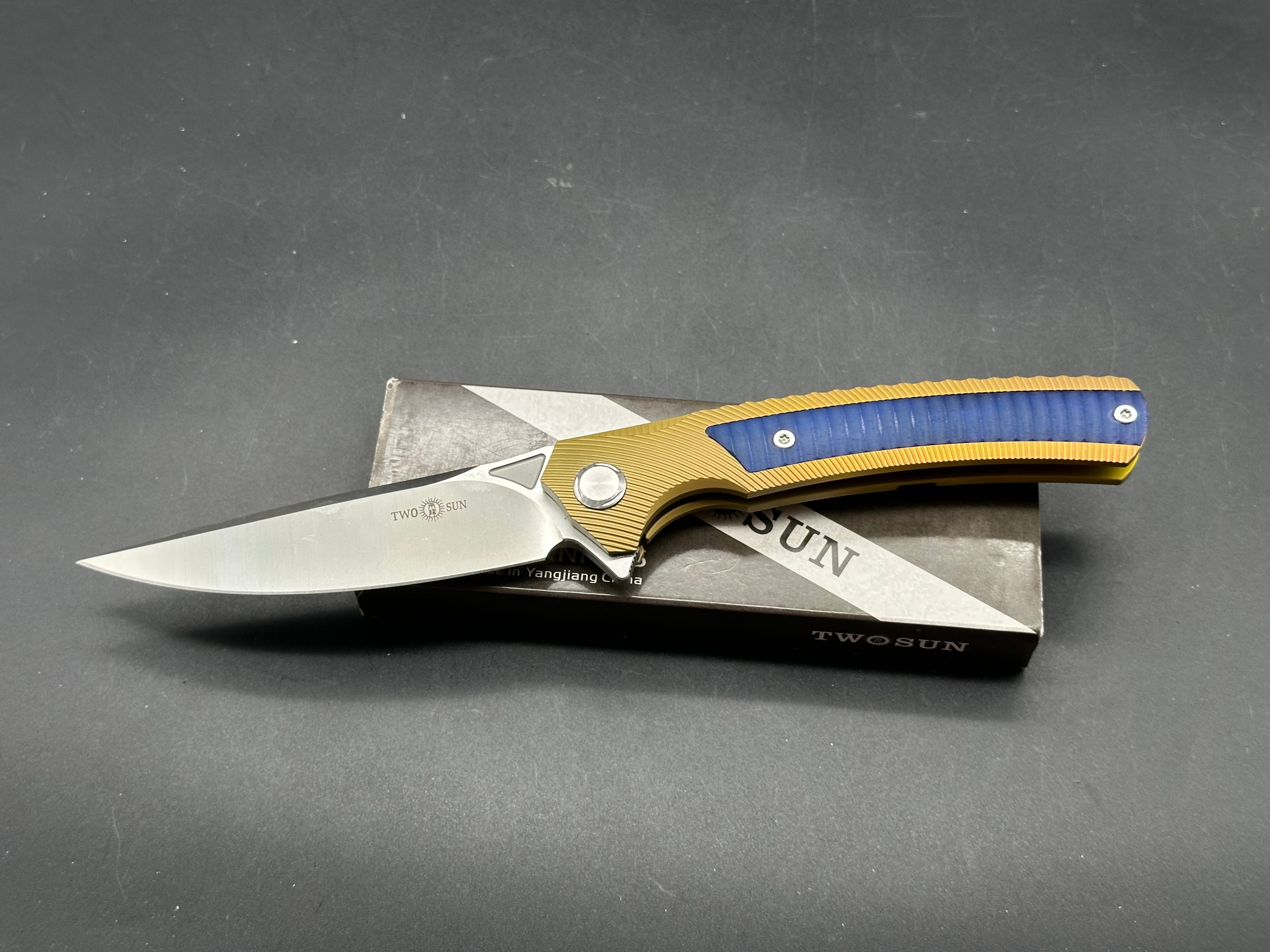 TwoSun TS81 Frame Lock Knife Gold Titanium + blue dyed bone insert D2 blade