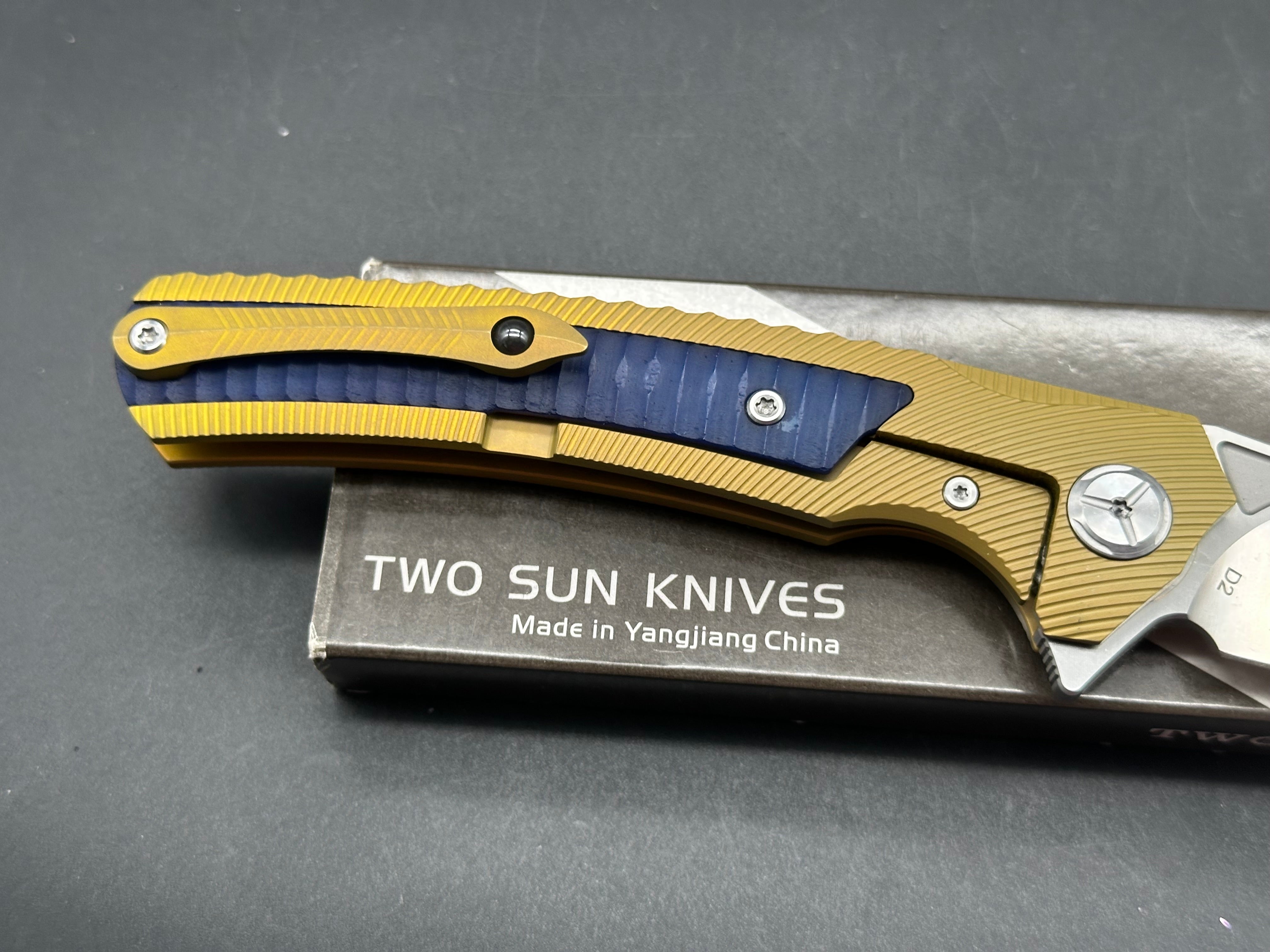 TwoSun TS81 Frame Lock Knife Gold Titanium + blue dyed bone insert D2 blade