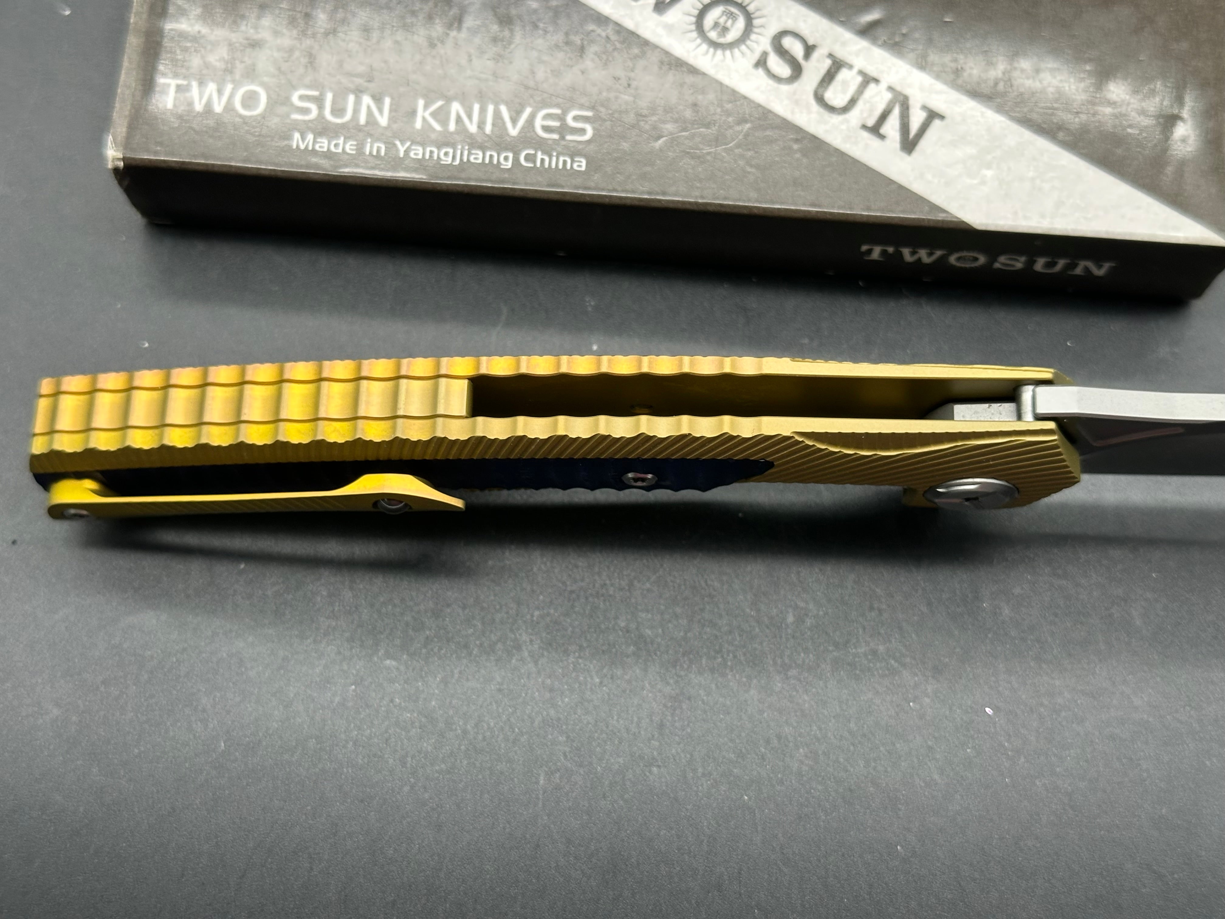 TwoSun TS81 Frame Lock Knife Gold Titanium + blue dyed bone insert D2 blade