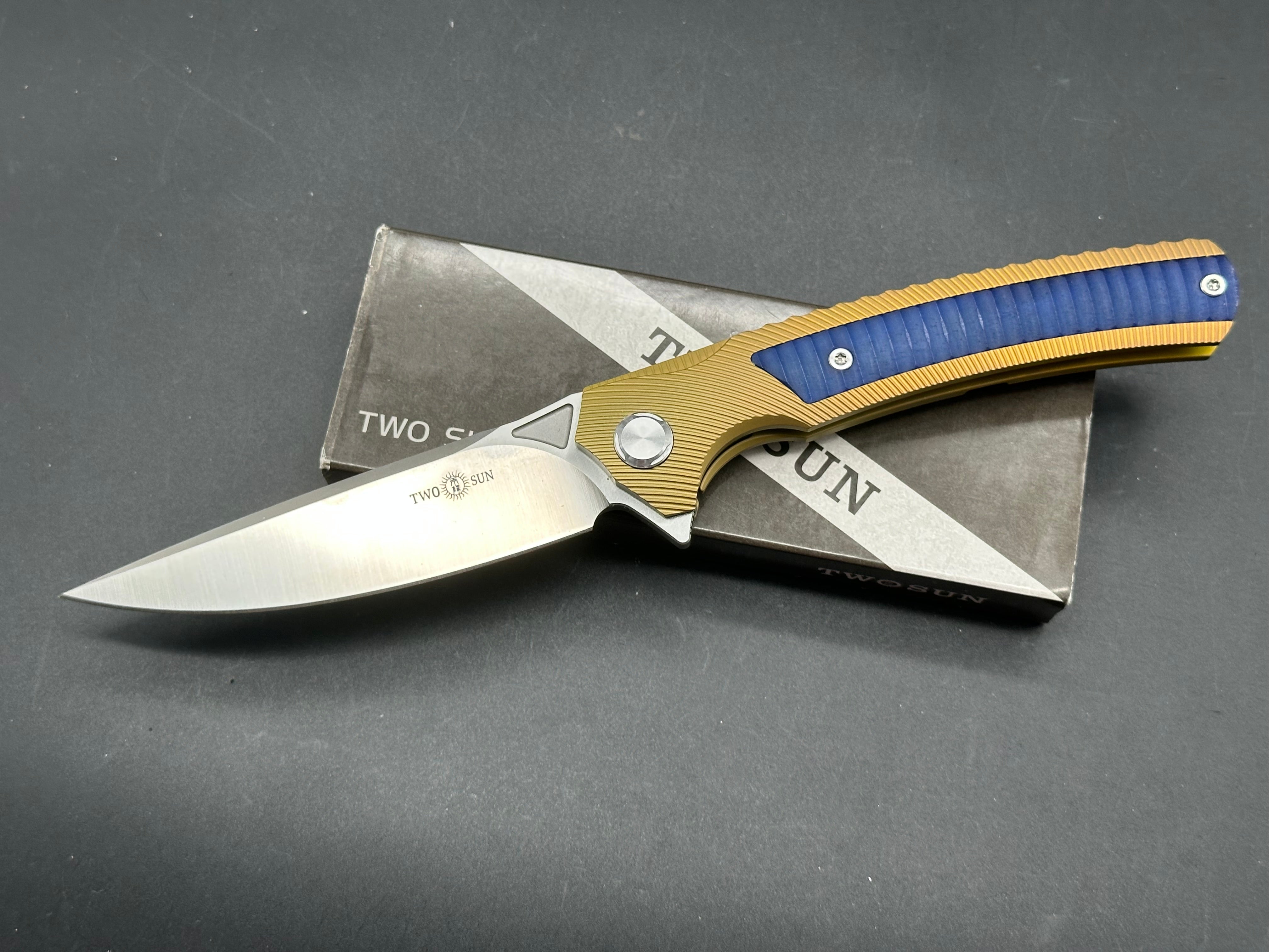 TwoSun TS81 Frame Lock Knife Gold Titanium + blue dyed bone insert D2 blade