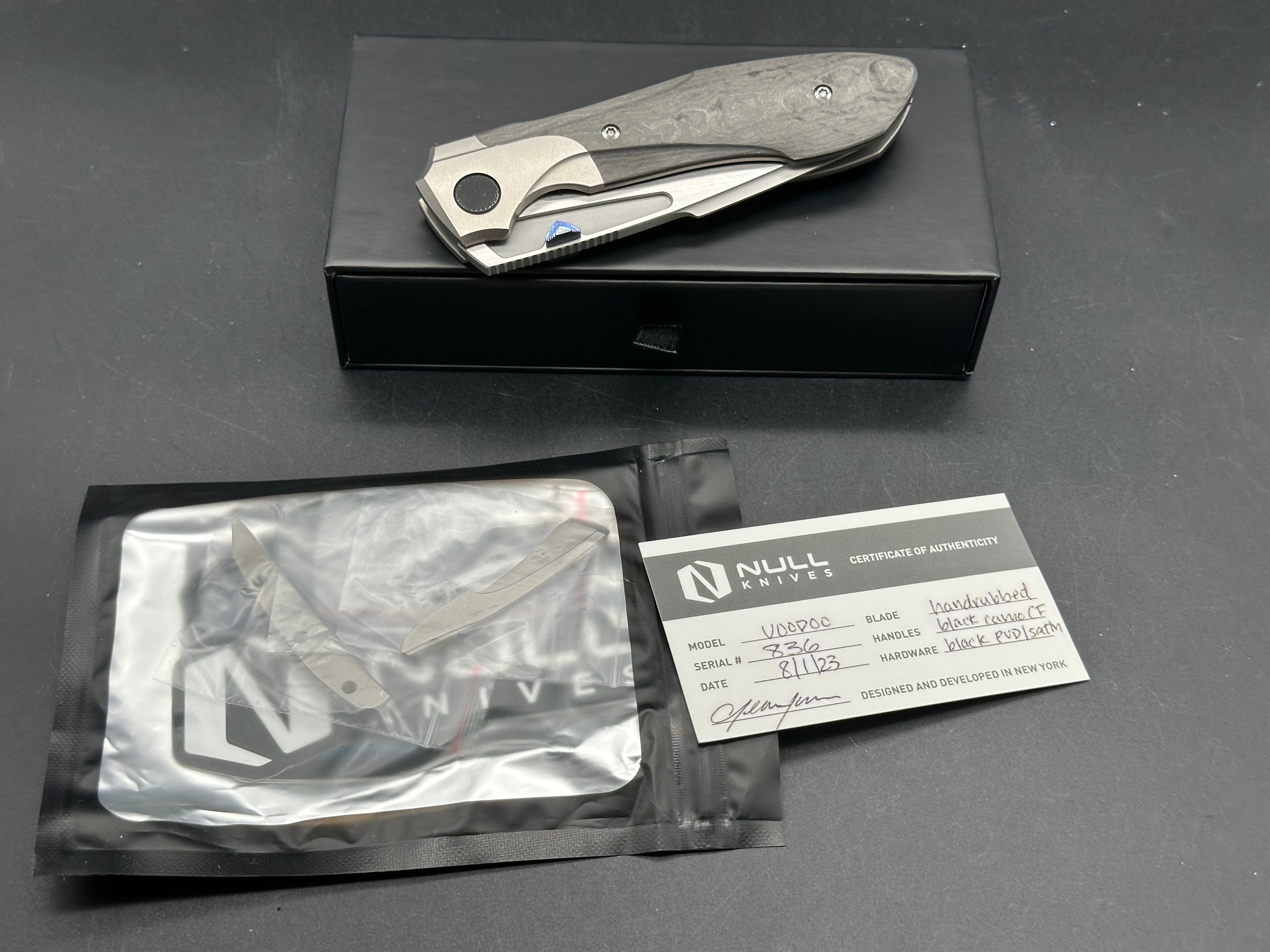 Null Knives Voodoo titanium/CF handles w/Hand satin M390 blade with full Dark Timascus kit