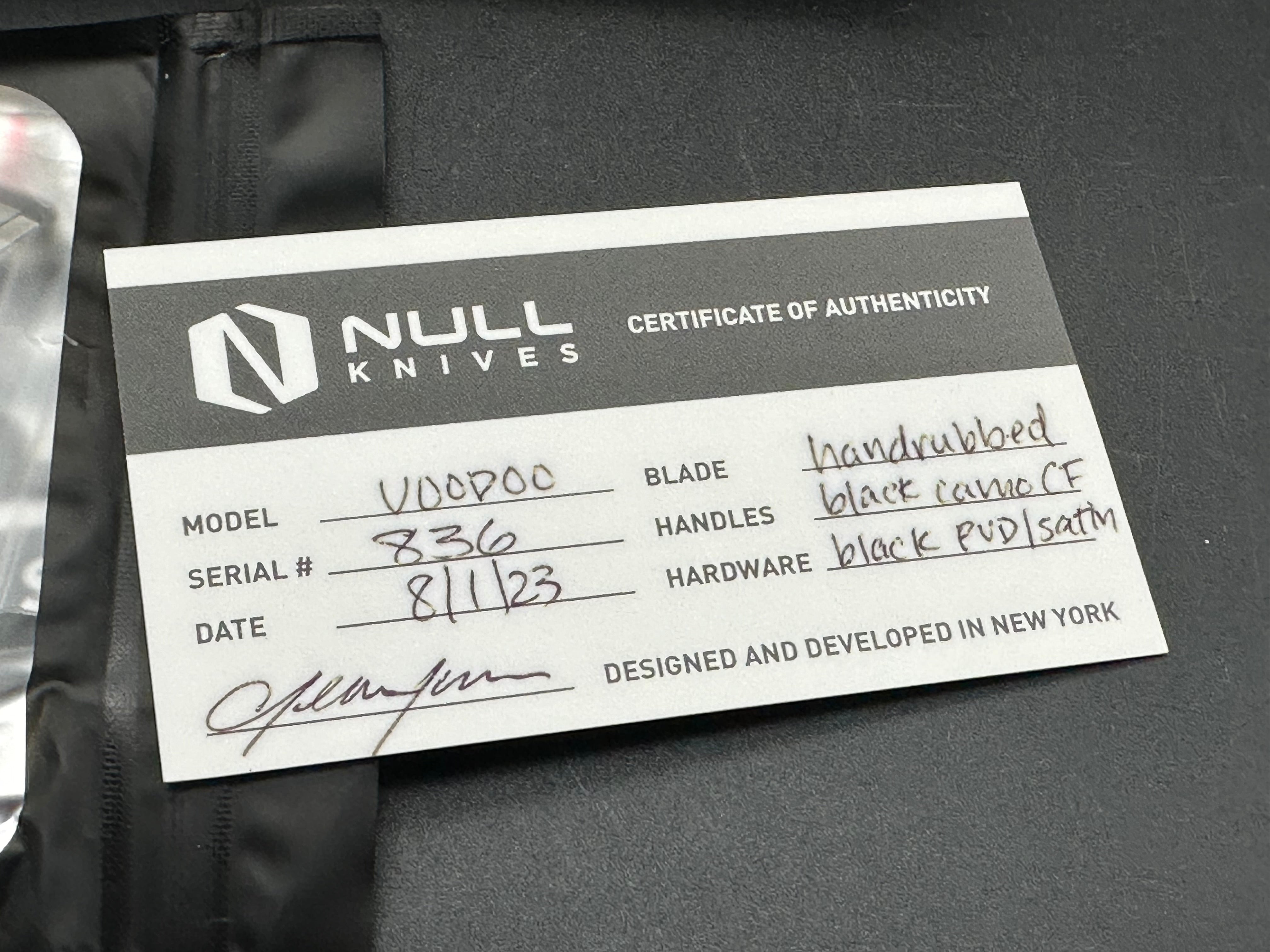 Null Knives Voodoo titanium/CF handles w/Hand satin M390 blade with full Dark Timascus kit