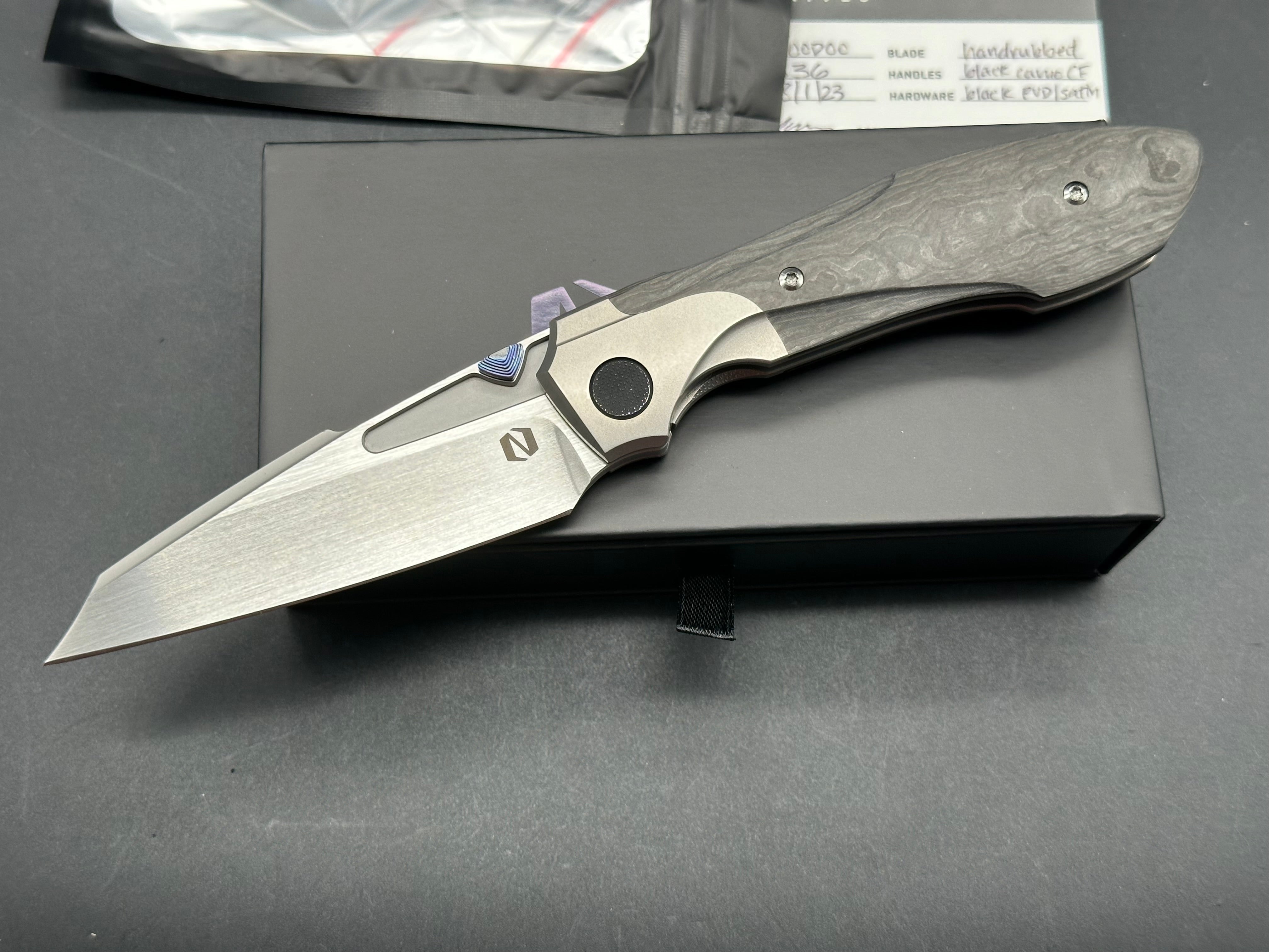 Null Knives Voodoo titanium/CF handles w/Hand satin M390 blade with full Dark Timascus kit