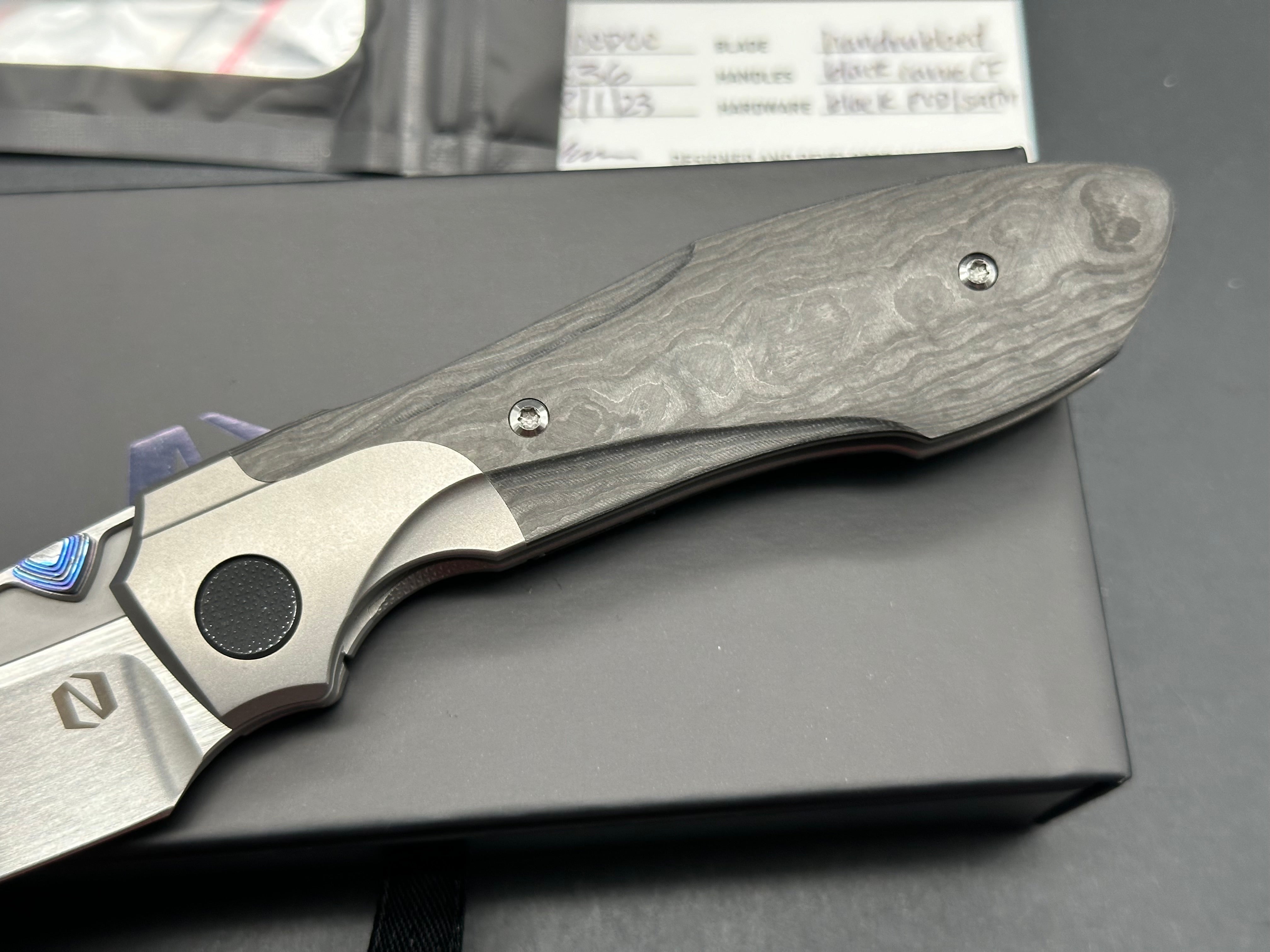 Null Knives Voodoo titanium/CF handles w/Hand satin M390 blade with full Dark Timascus kit