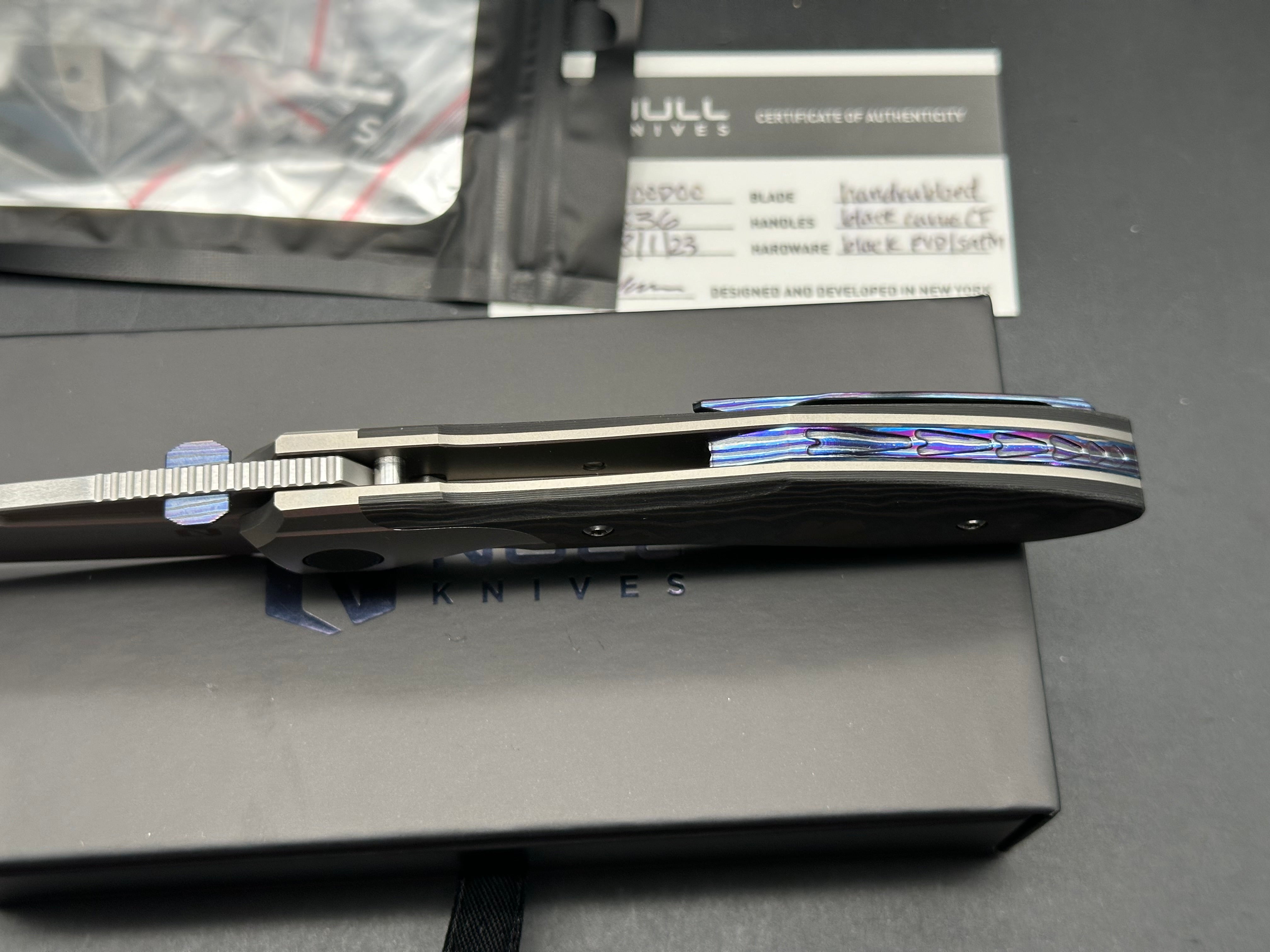 Null Knives Voodoo titanium/CF handles w/Hand satin M390 blade with full Dark Timascus kit