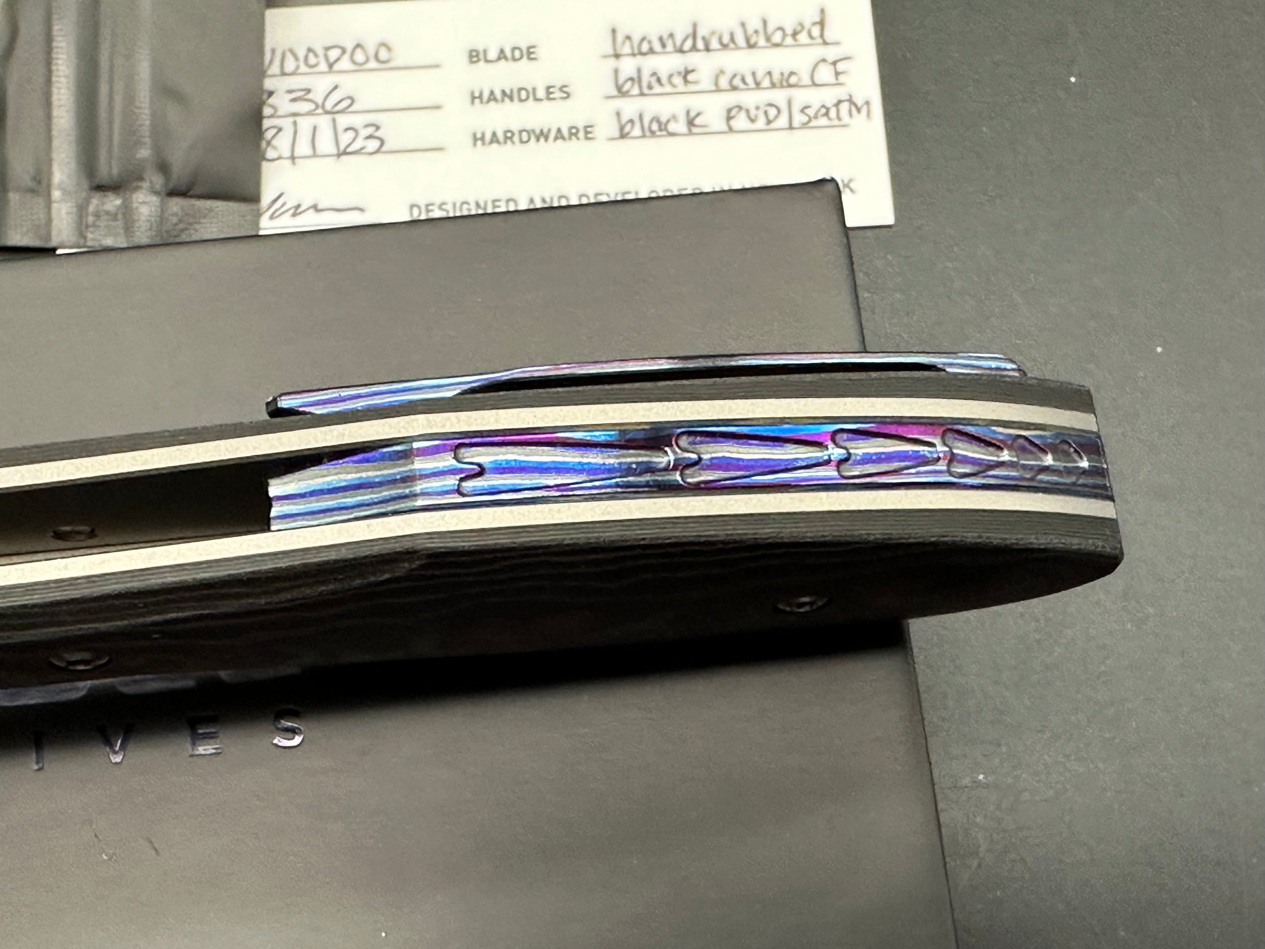 Null Knives Voodoo titanium/CF handles w/Hand satin M390 blade with full Dark Timascus kit