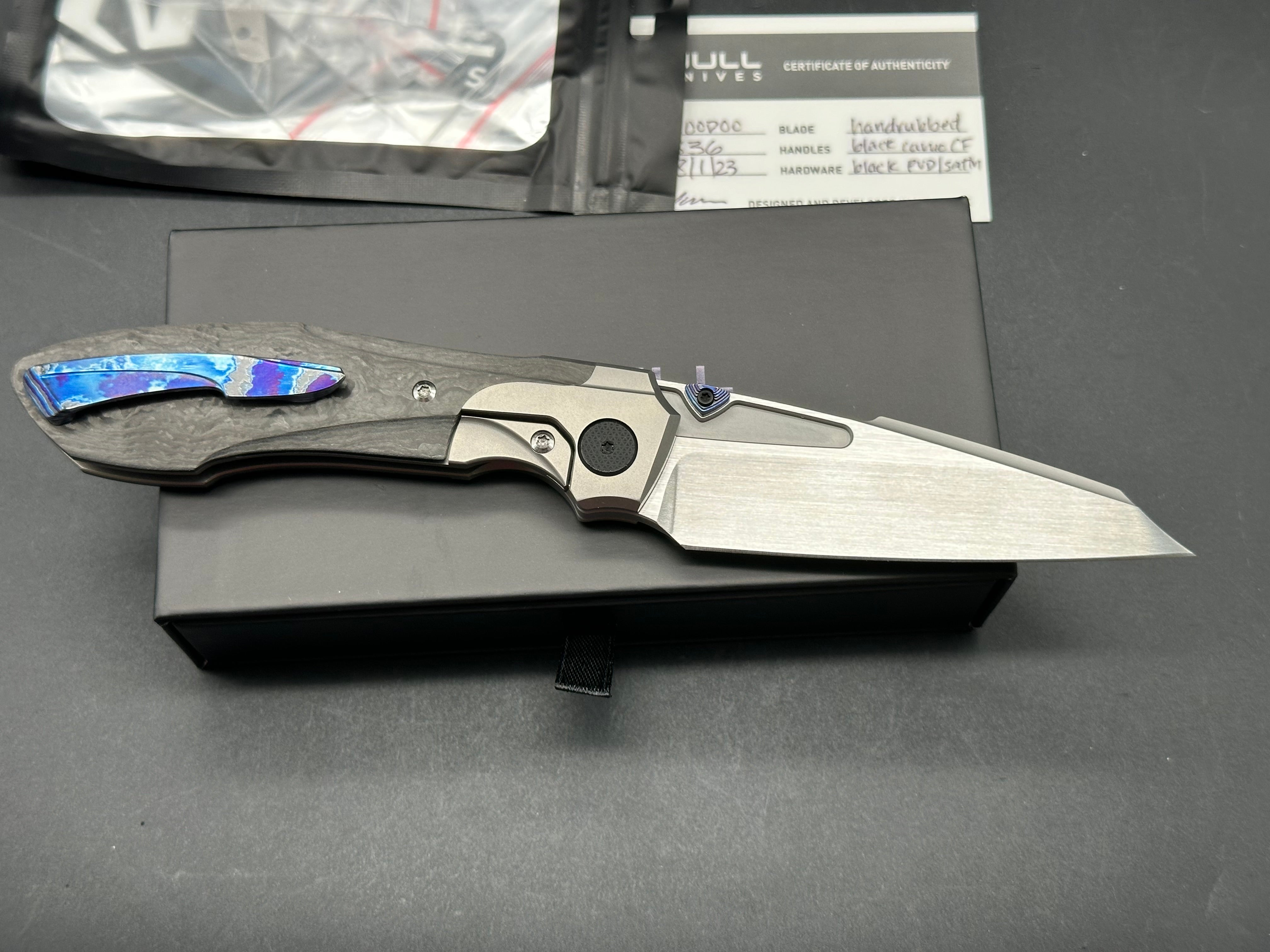 Null Knives Voodoo titanium/CF handles w/Hand satin M390 blade with full Dark Timascus kit